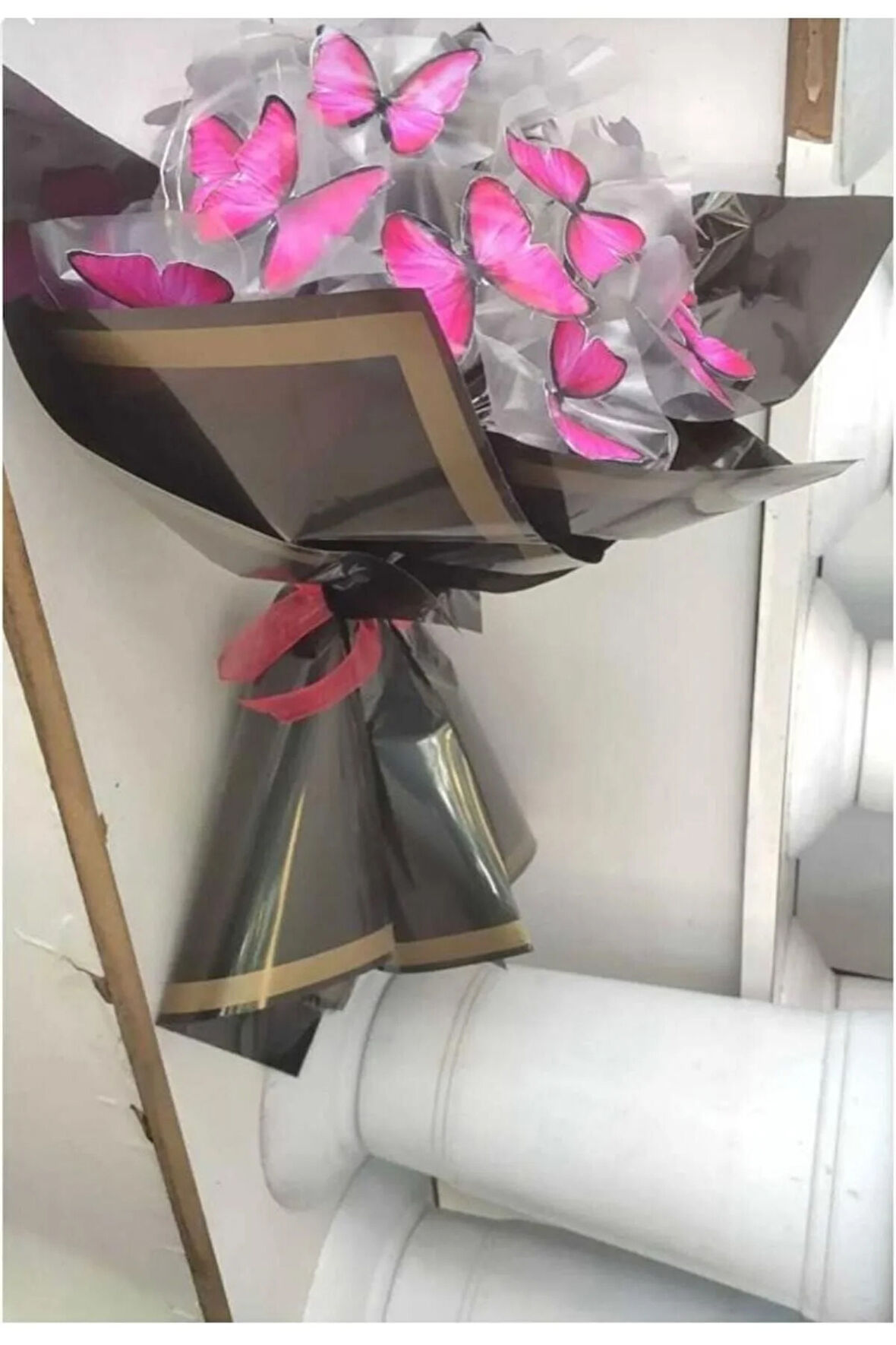 Led Işıklı Kelebek Çiçek Buketi - Pembe Siyah 10'lu