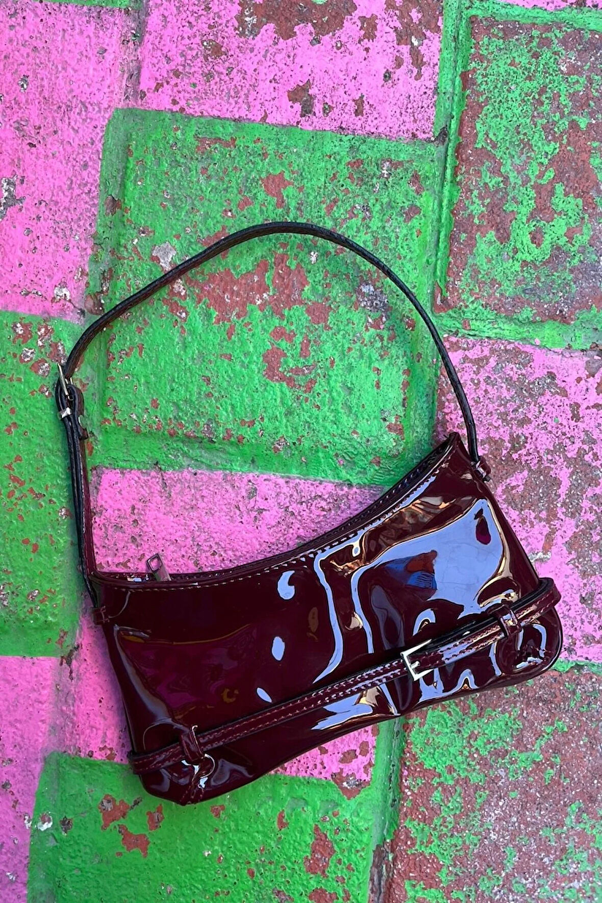 Mila Model Bordo Renk Rugan Kadın Kemerli Mini Baget Çanta