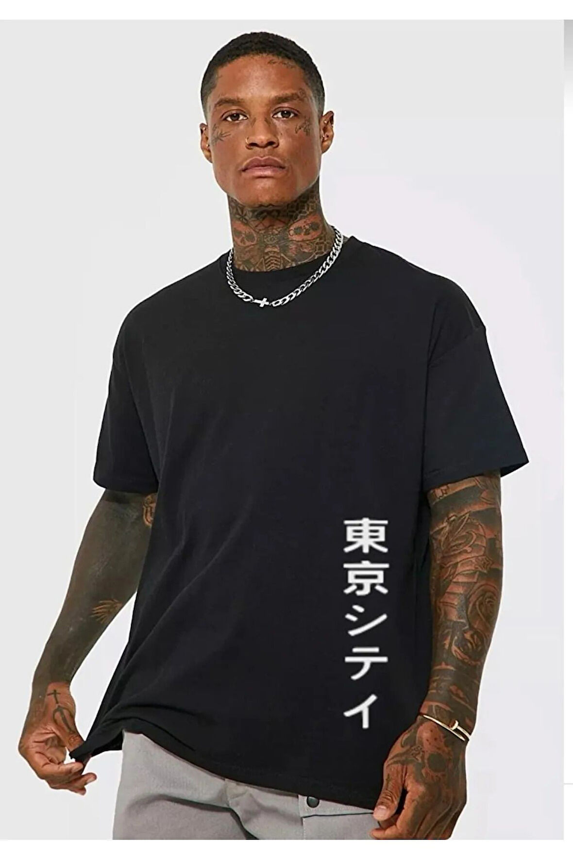 Japannes Baskı Oversize Siyah garalio T-shirt