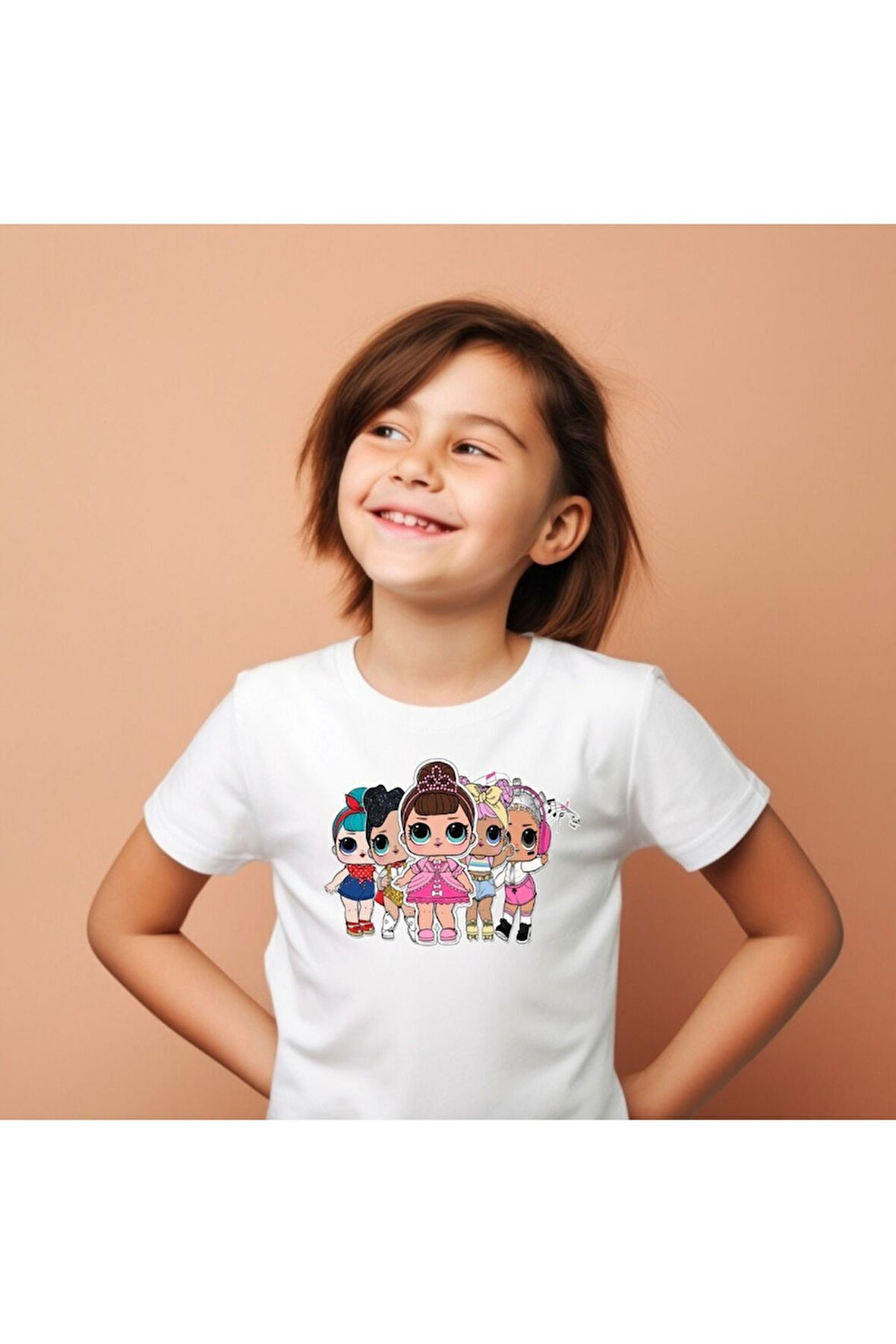 Kısa Kollu Bisiklet Yaka Kız Çocuk Beyaz Tshirt Lol Bebek Baskılı Pamuklu