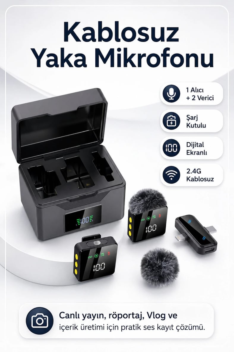 Kablosuz Tüylü Siyah Yaka Mikrofonu 1 Alıcı 2 Verici Şarj Kutulu Dijital Ekranlı 2.4G Gürültü Azaltmalı Type-C Lightning Uyumlu Mikrofon Seti