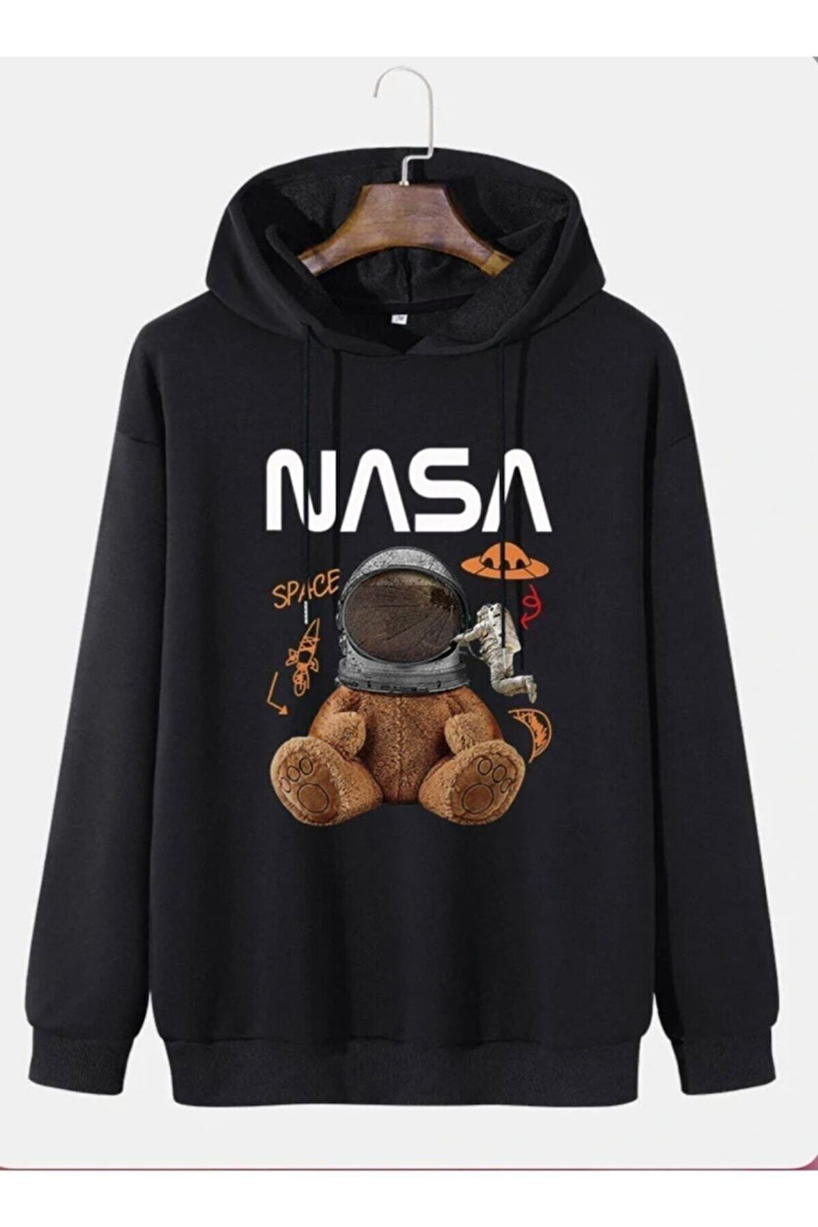 Molly Unisex Siyah Ayıcıklı Nasa Baskılı Sweatshirt