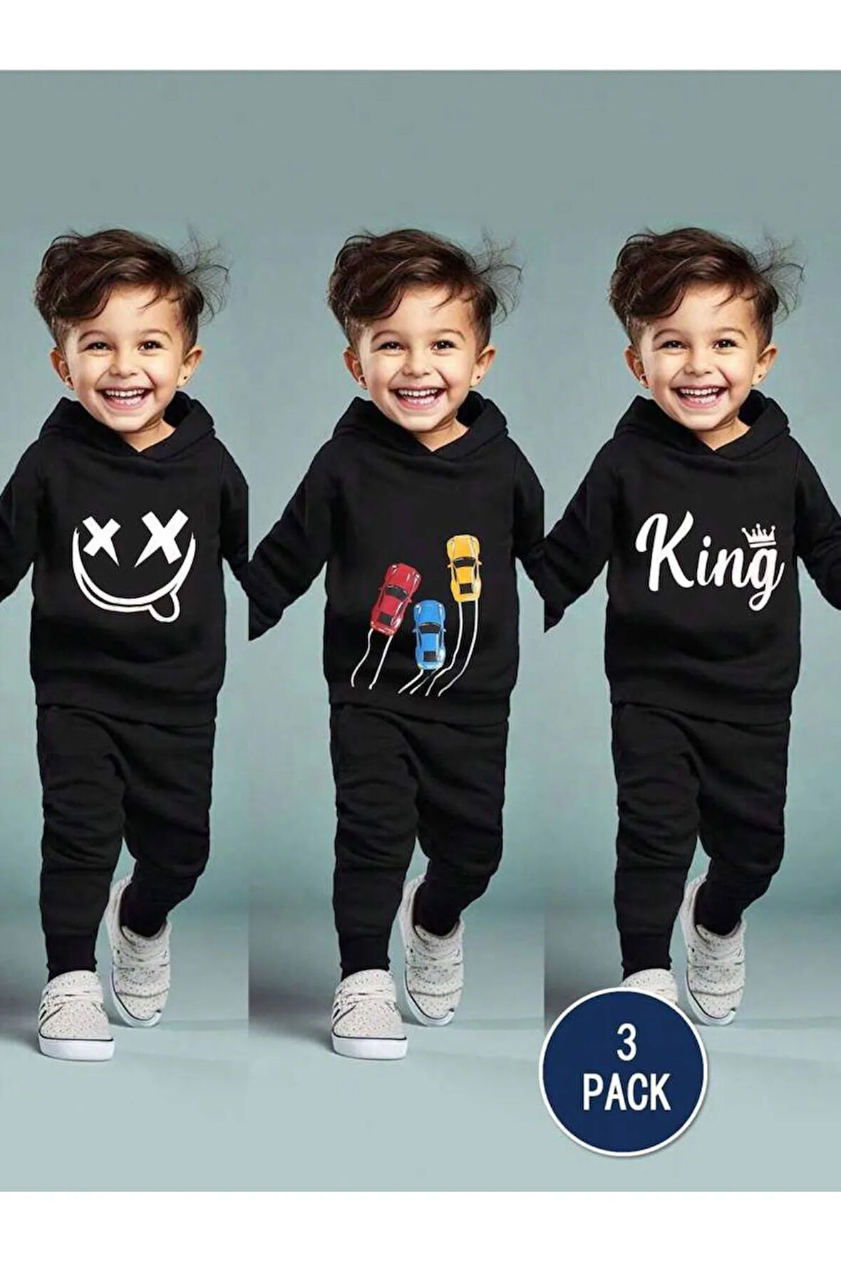Erkek Çocuk 6`lı Paket King Arabalar Gülen Yüz Baskılı Kapşonlu Sweatshirt-Eşofman Takımı