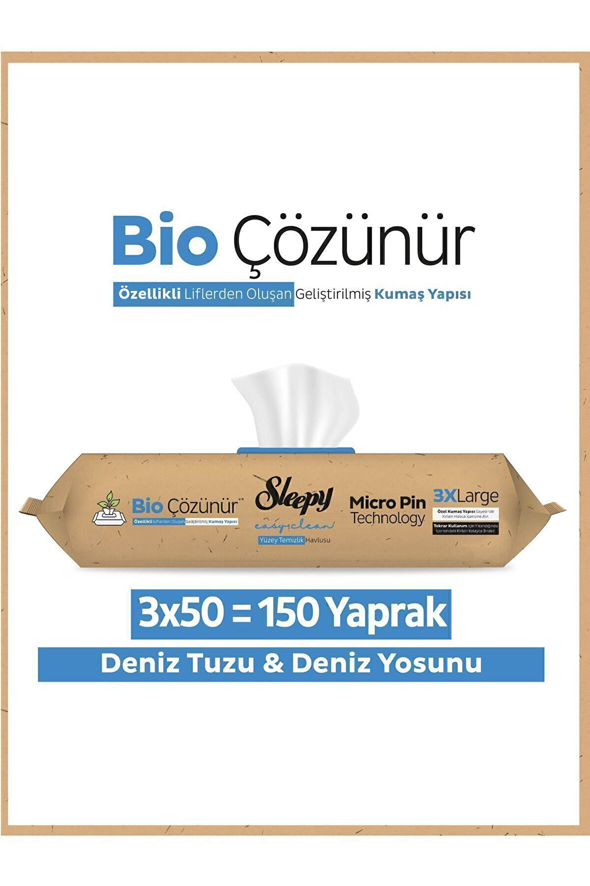 Sleepy Easy Clean Bio Çözünür Deniz Tuzu Ve Deniz Yosunu Yüzey Temizlik Havlusu 3x50 (150 YAPRAK)