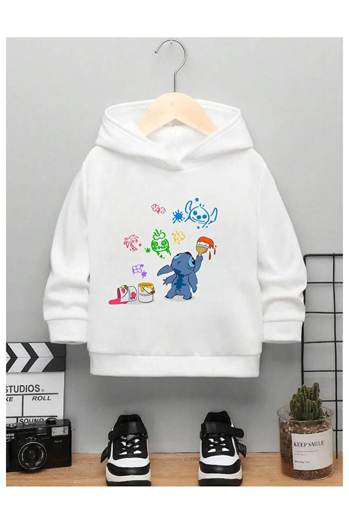 Çocuk Tasarım Boyacı Stitch Baskılı Kapüşonlu Sweatshirt Pamuklu