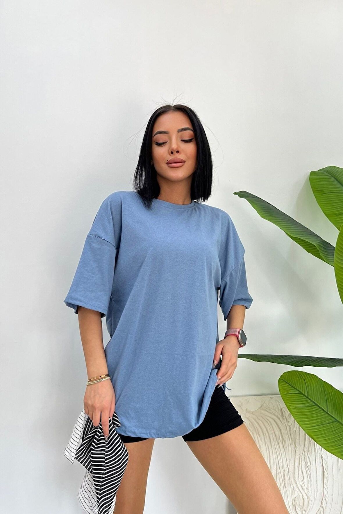 Unisex Pamuk Bisiklet Yaka  Oversize T-shirt