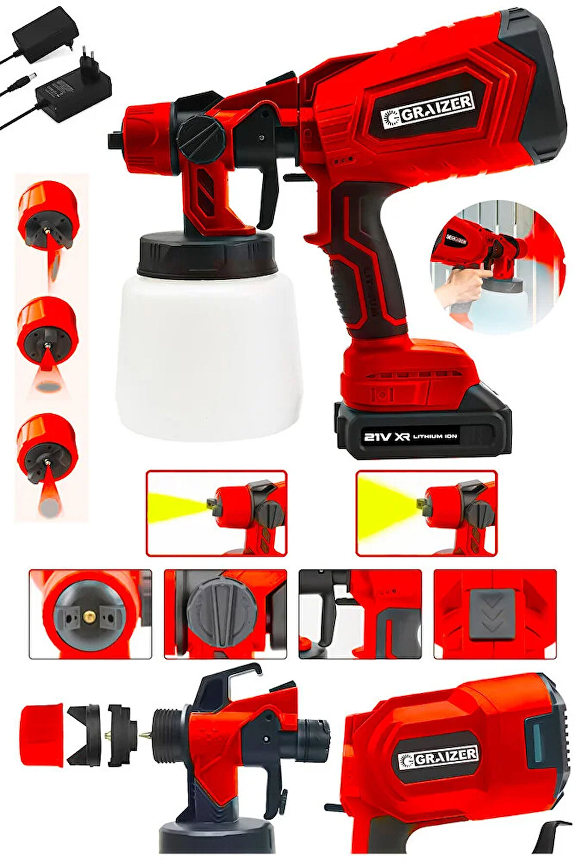 Graizer 21v Çift Akülü 300 Mm Vernik Sprey Boya Püskürtme Makinesi Kırmızı