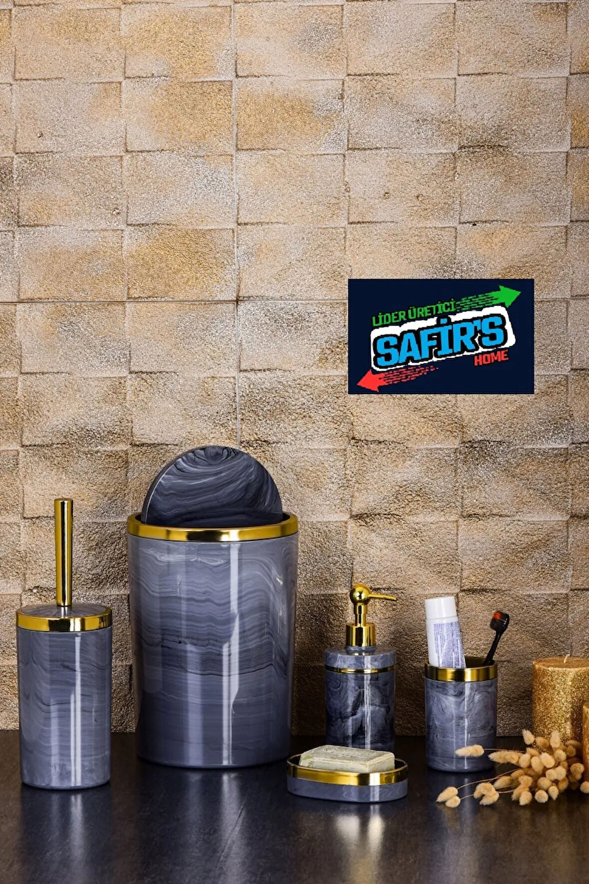 5 Parça Mermer Desen Banyo Seti / Wc Fırçalık, Sıvı - Katı Sabunluk, Çöp Kovası, Diş Fırçalık