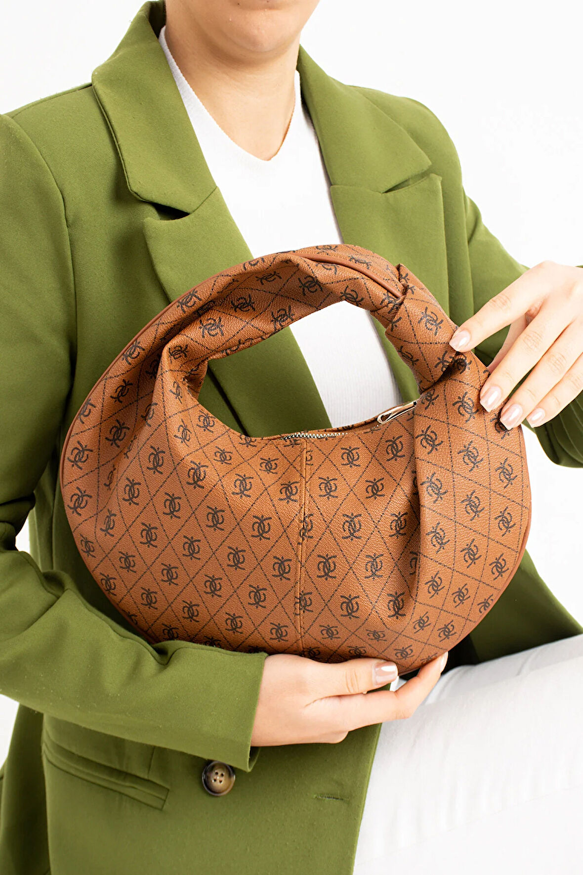 Kadin  Mini Baget Dügüm Detaylı Fermuarlı El Çanta Desenli