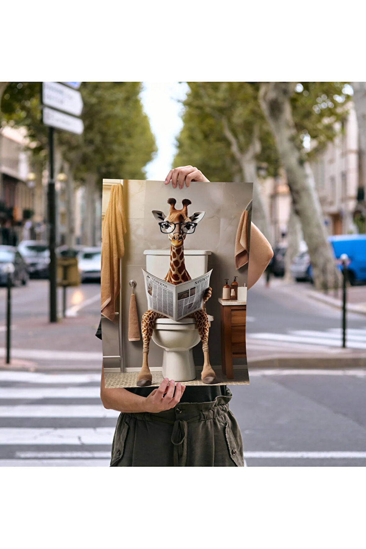 Çerçevesiz Poster Dijital Baskı , Tuvalette Oturan Zürafa , Banyo Tuvalet Dekorasyon Poster