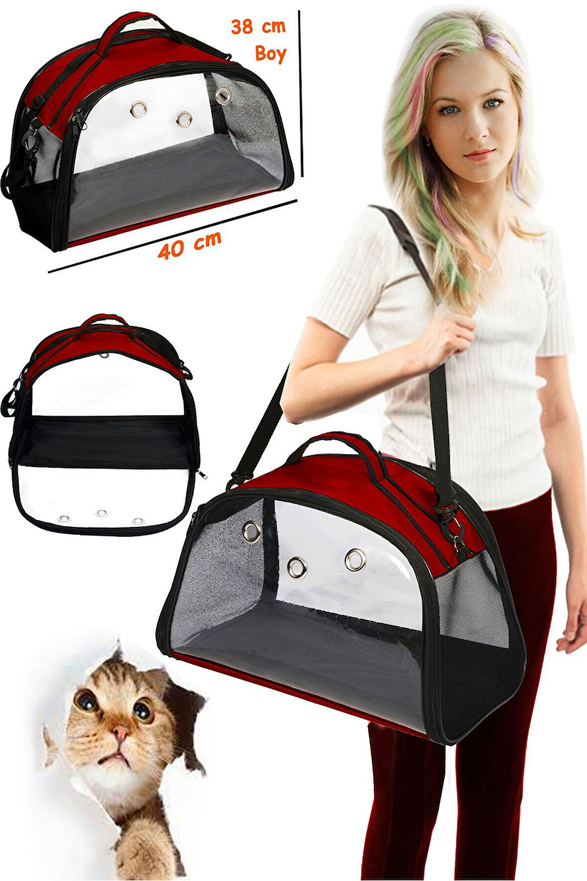 Star Kedi Çantası Kırmızı, Alt taban bükülmez YIKANABİLİR, Kedi Taşıma Çantası