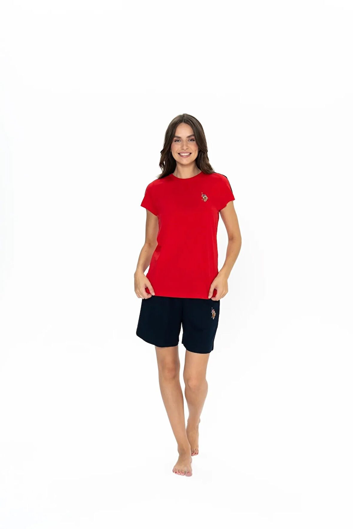 Kadın, Lisanslı, USPA, %100 Cotton, (Kırmızı), Kısa Kollu Şort Takım