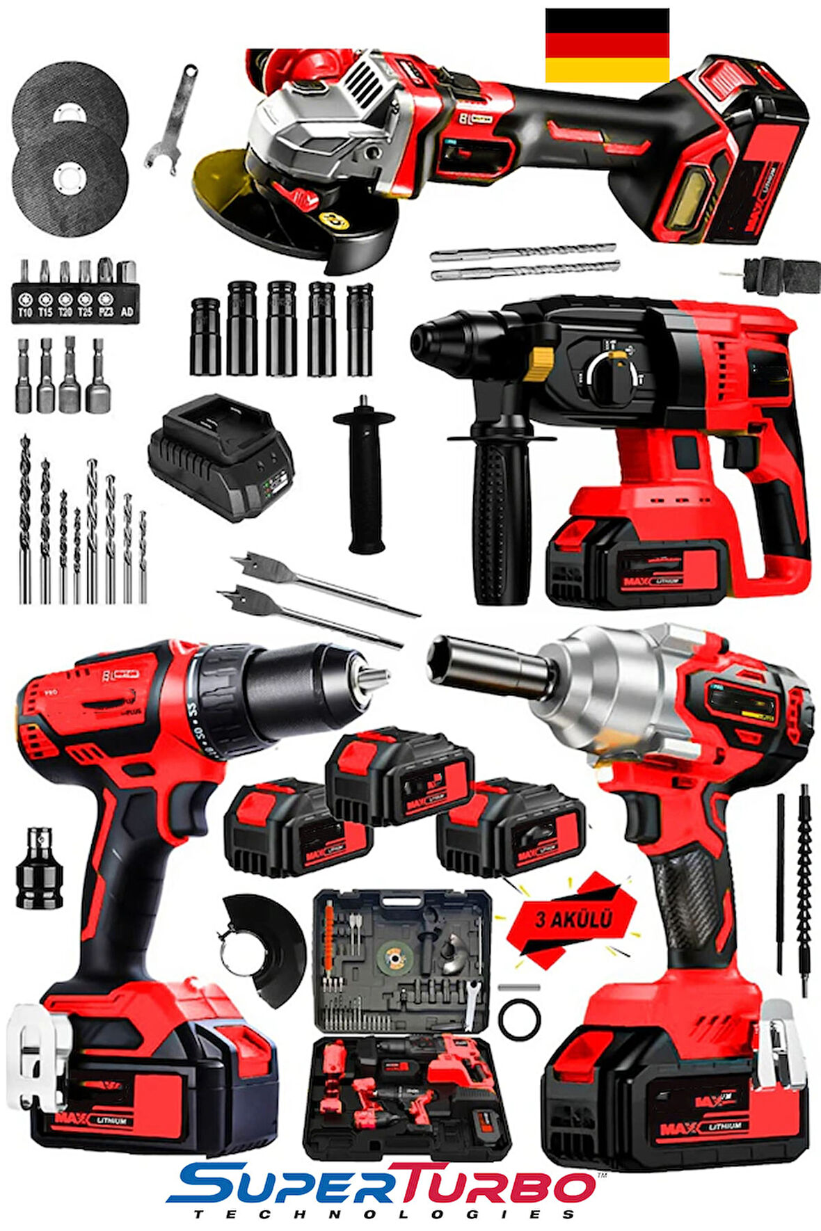 Profesyonel 3 Akülü 20AHX Kömürsüz Seri Taşlama Çelik Mandren Matkap Kırıcı 350Nm Somun Sıkma Seti
