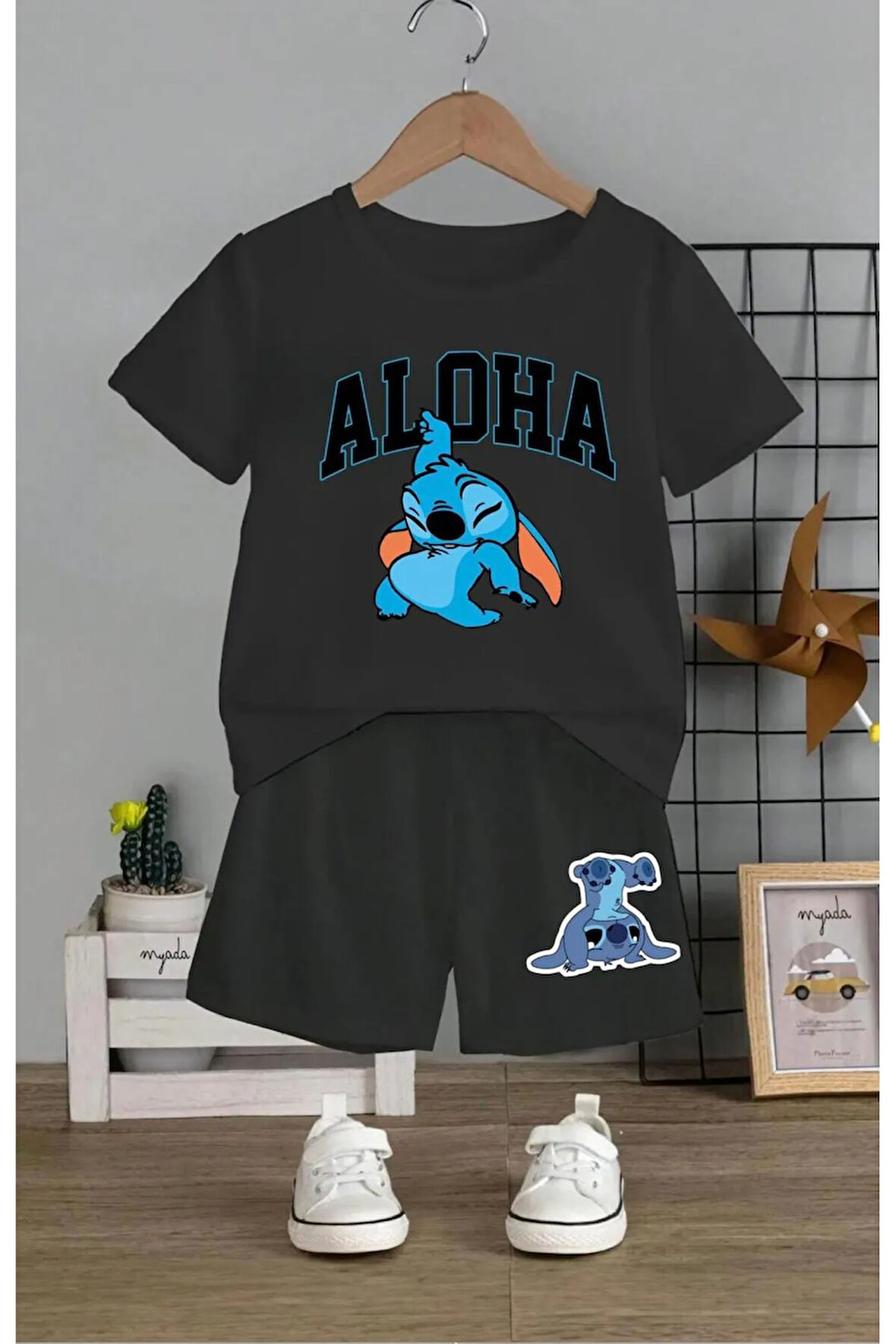 Çocuk Tasarım Stitch Aloha Baskılı T-Shirt Şort Alt Üst Takım %100 Pamuk
