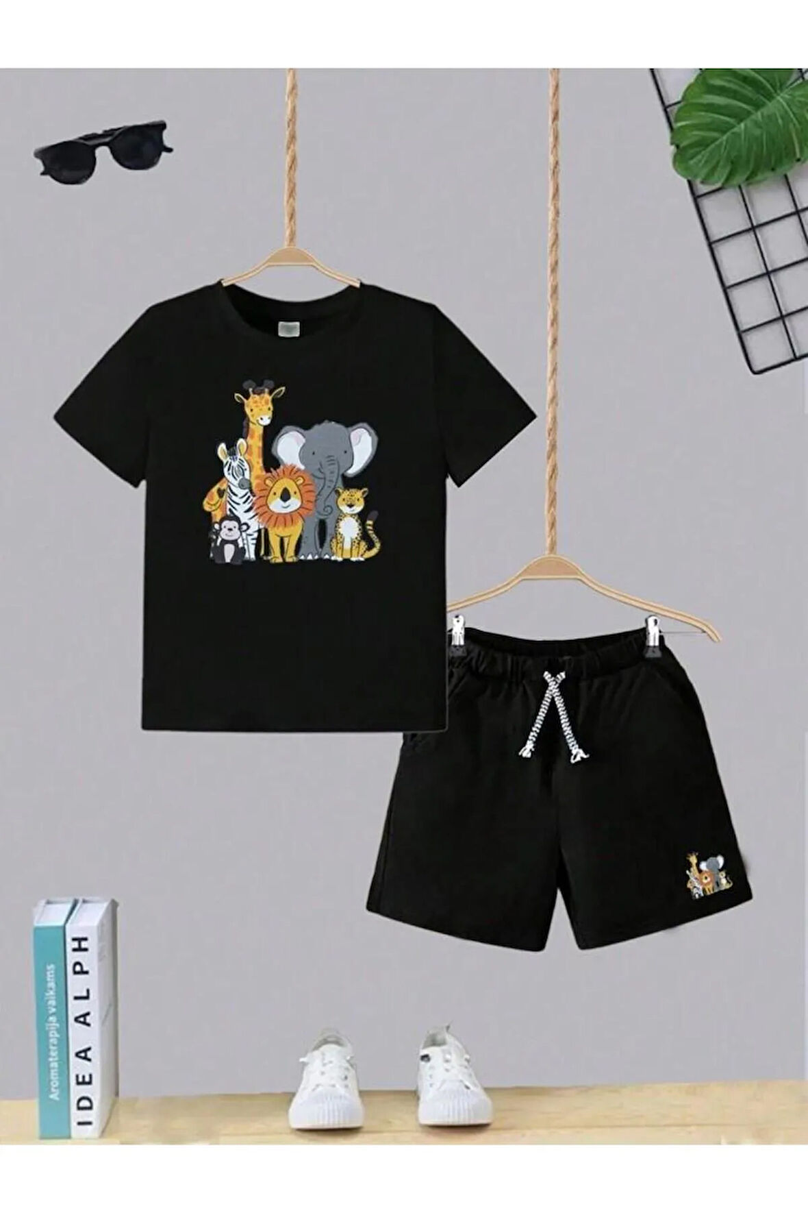 Çocuk Tasarım Hayvanlar Kids Baskılı T-Shirt Şort Alt Üst Takım %100 Pamuk