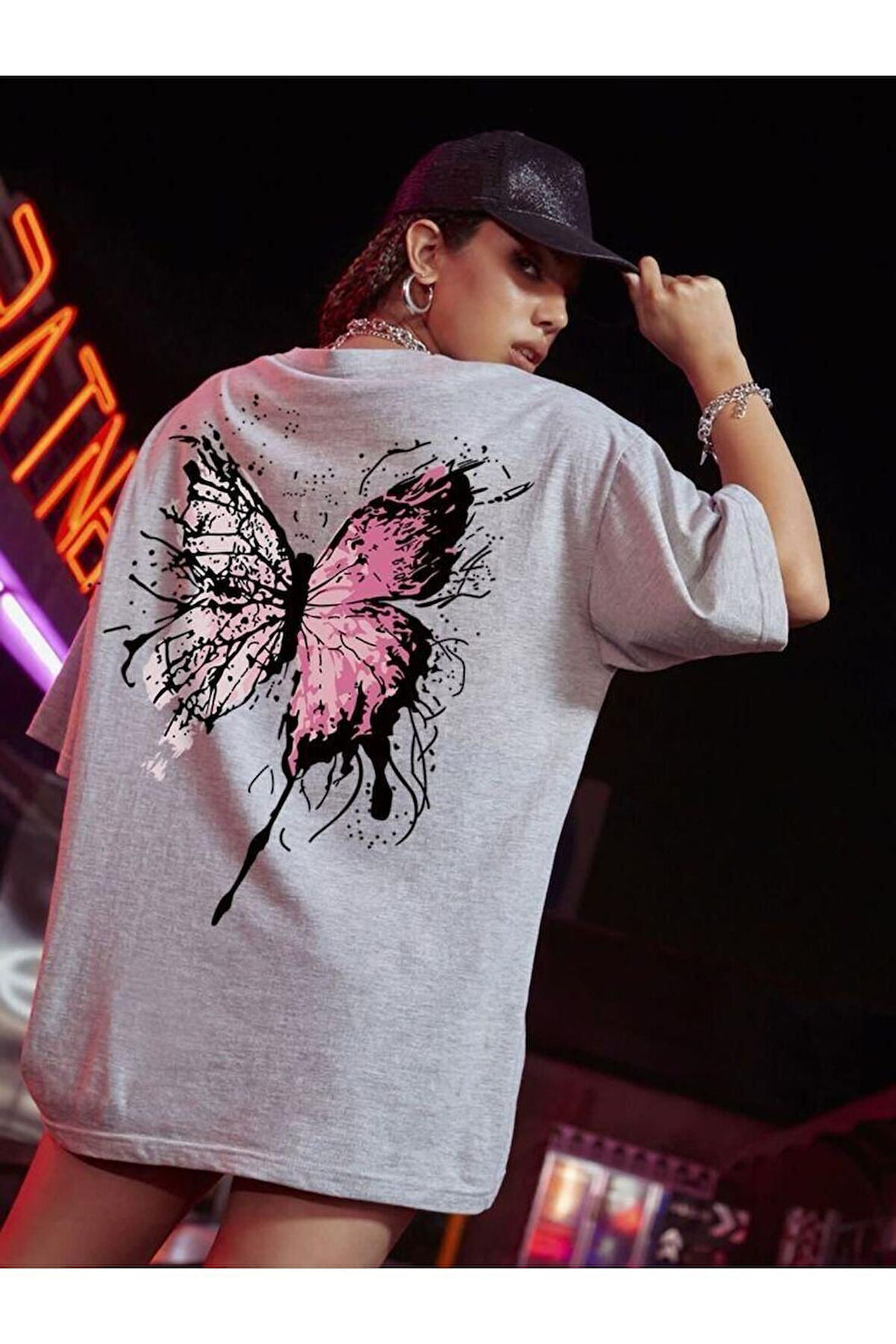 Kelebek Baskılı Oversize T-shirt garalio