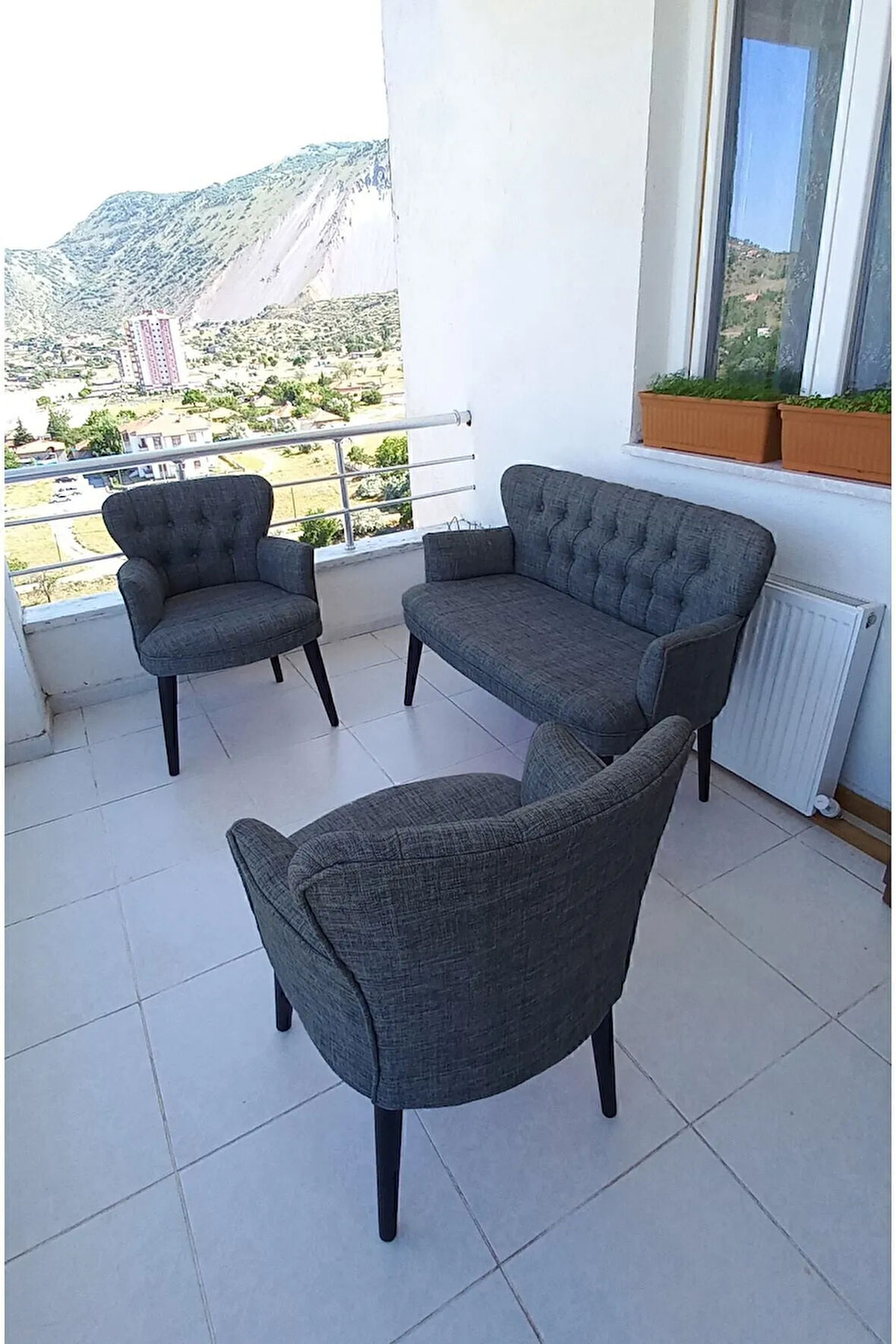 Balkon Bahçe Mobilyası - Balkon Koltuğu-koltuk Takimi -ofis Koltuğu - Ahşap -  Gri