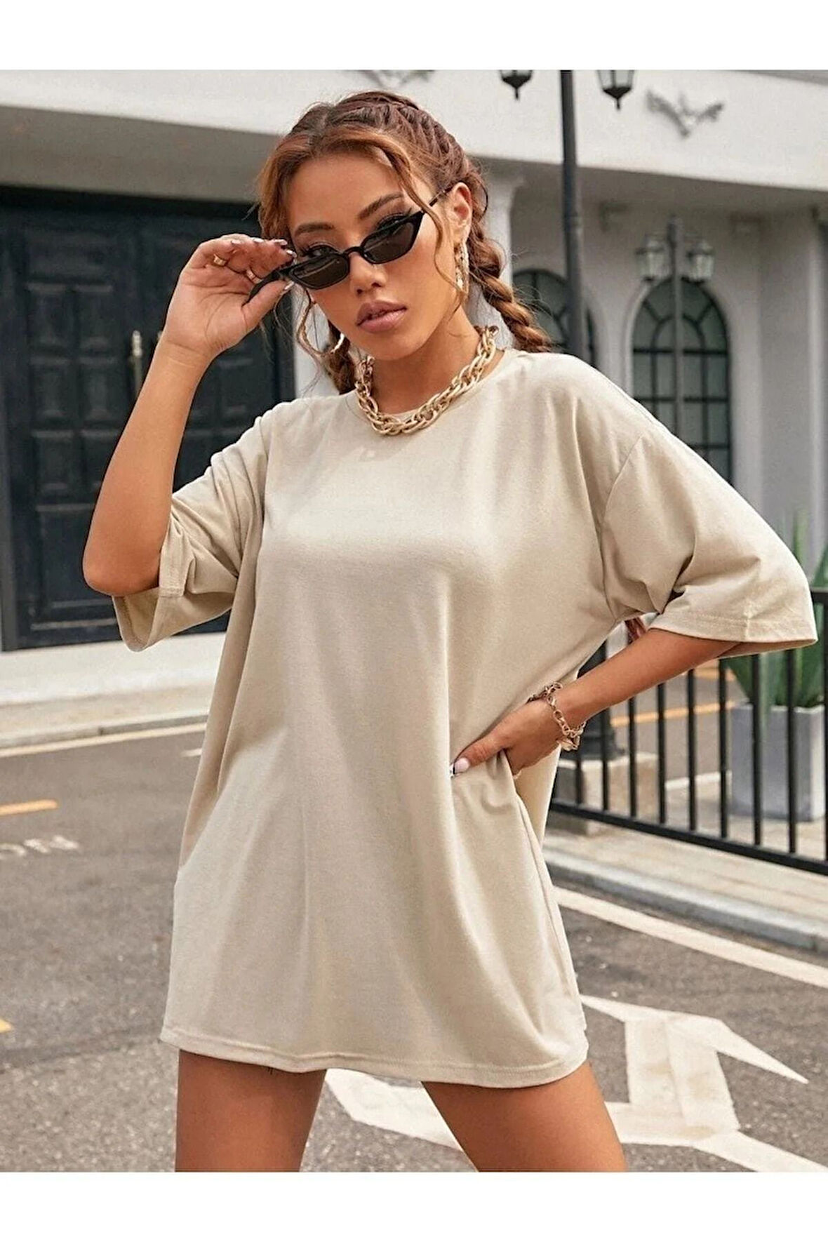 Minimal Kalp Baskılı Acık Kahverengi Oversize Tshirt