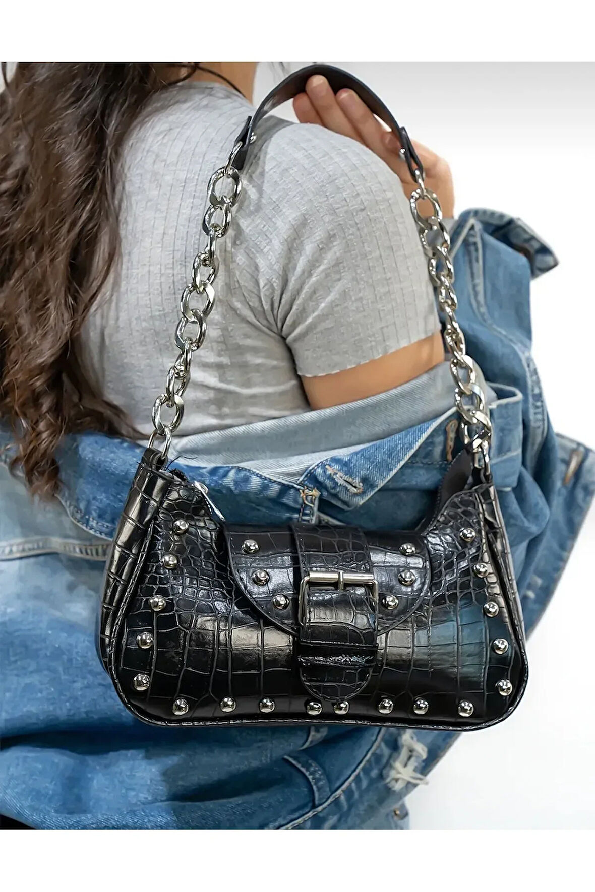 Bony ma zımbalı timsah desenli kol çantası