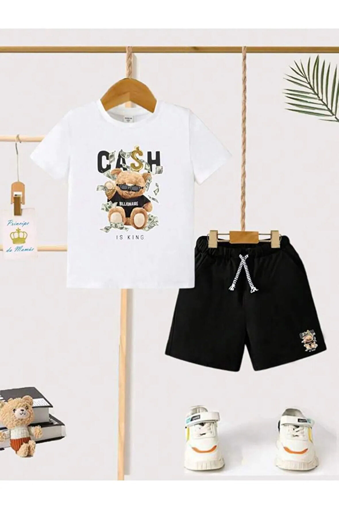 Çocuk Tasarım Bear Cash Baskılı T-Shirt Şort Alt Üst Takım %100 Pamuk