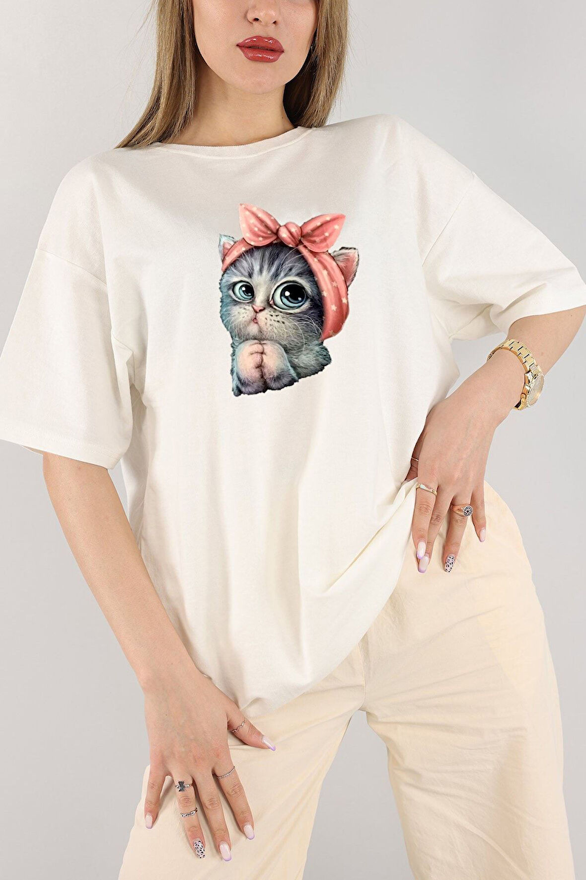 Oversize Panda Baskılı Beyaz Tshirt