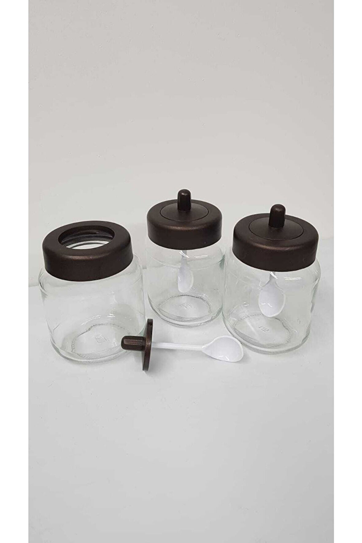 3 Adet Mat Kapaklı Kendinden Kaşıklı Baharatlık Seti - 330 Ml - Cam Kavanoz