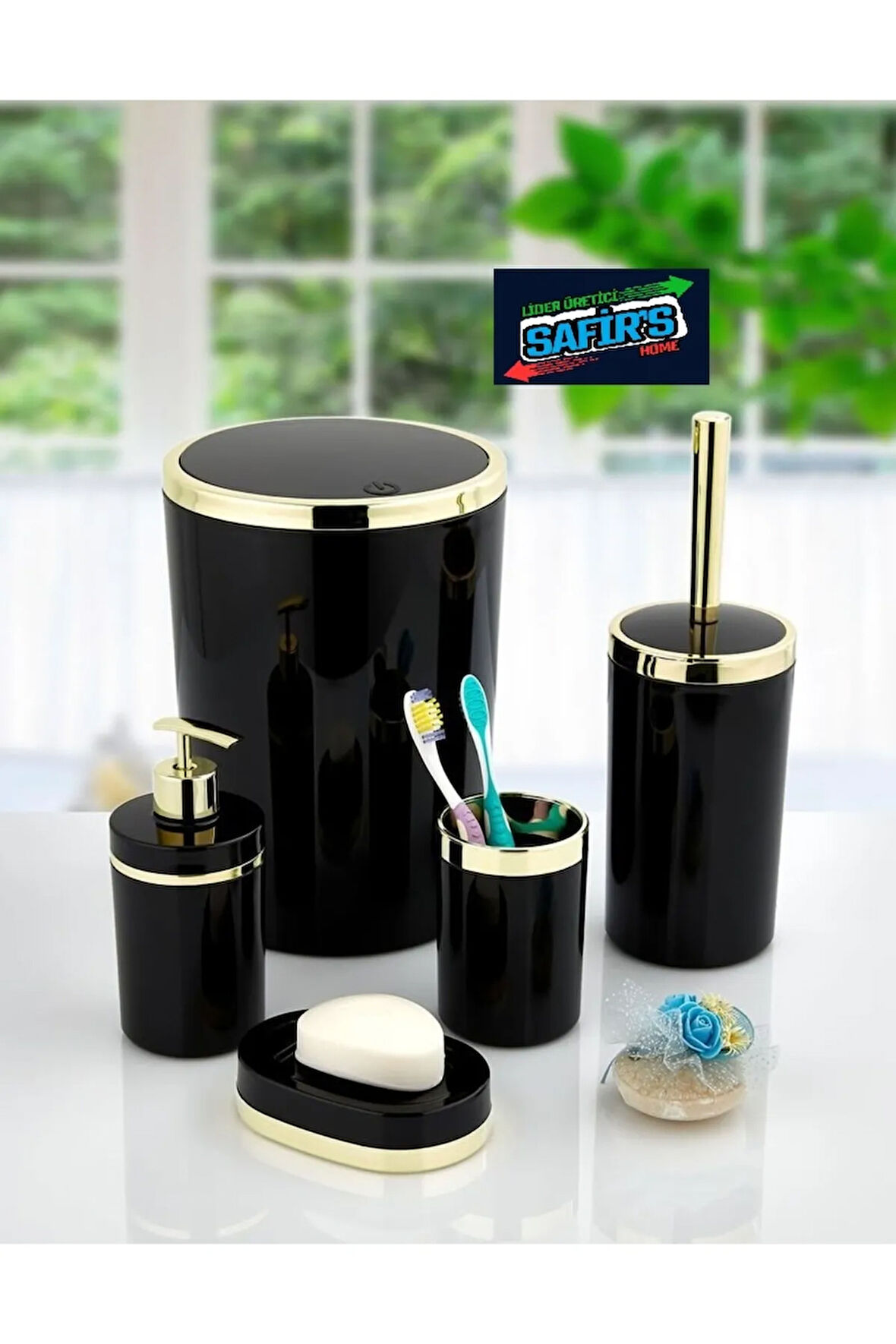 5 Parça Mermer Desen Banyo Seti / Wc Fırçalık, Sıvı - Katı Sabunluk, Çöp Kovası, Diş Fırçalık