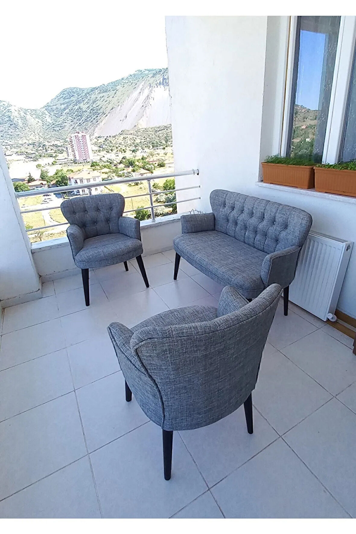 Balkon Bahçe Mobilyası - Balkon Koltuğu-koltuk Takimi -ofis Koltuğu - Ahşap -Açık Gri