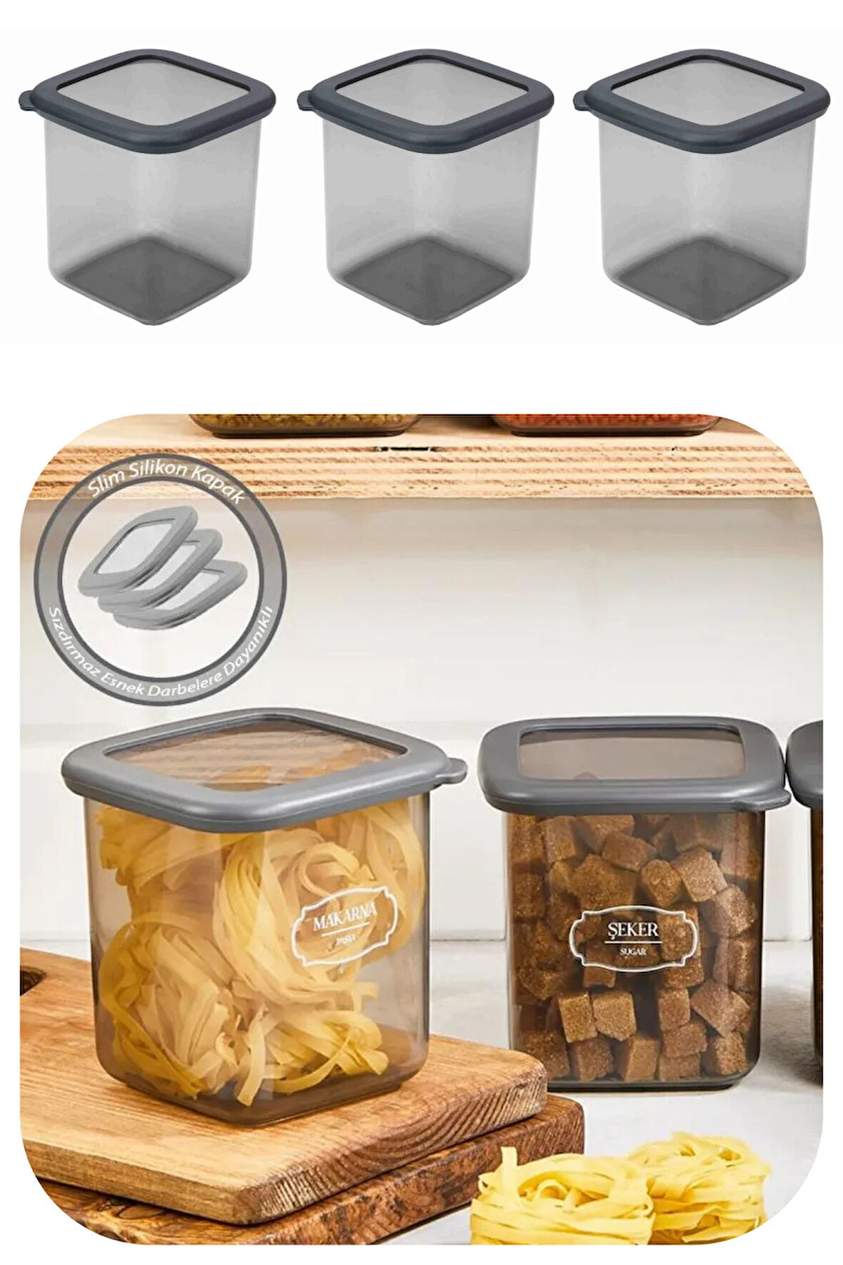 800 ml Gri Kare Saklama Kabı Silikon Kapak