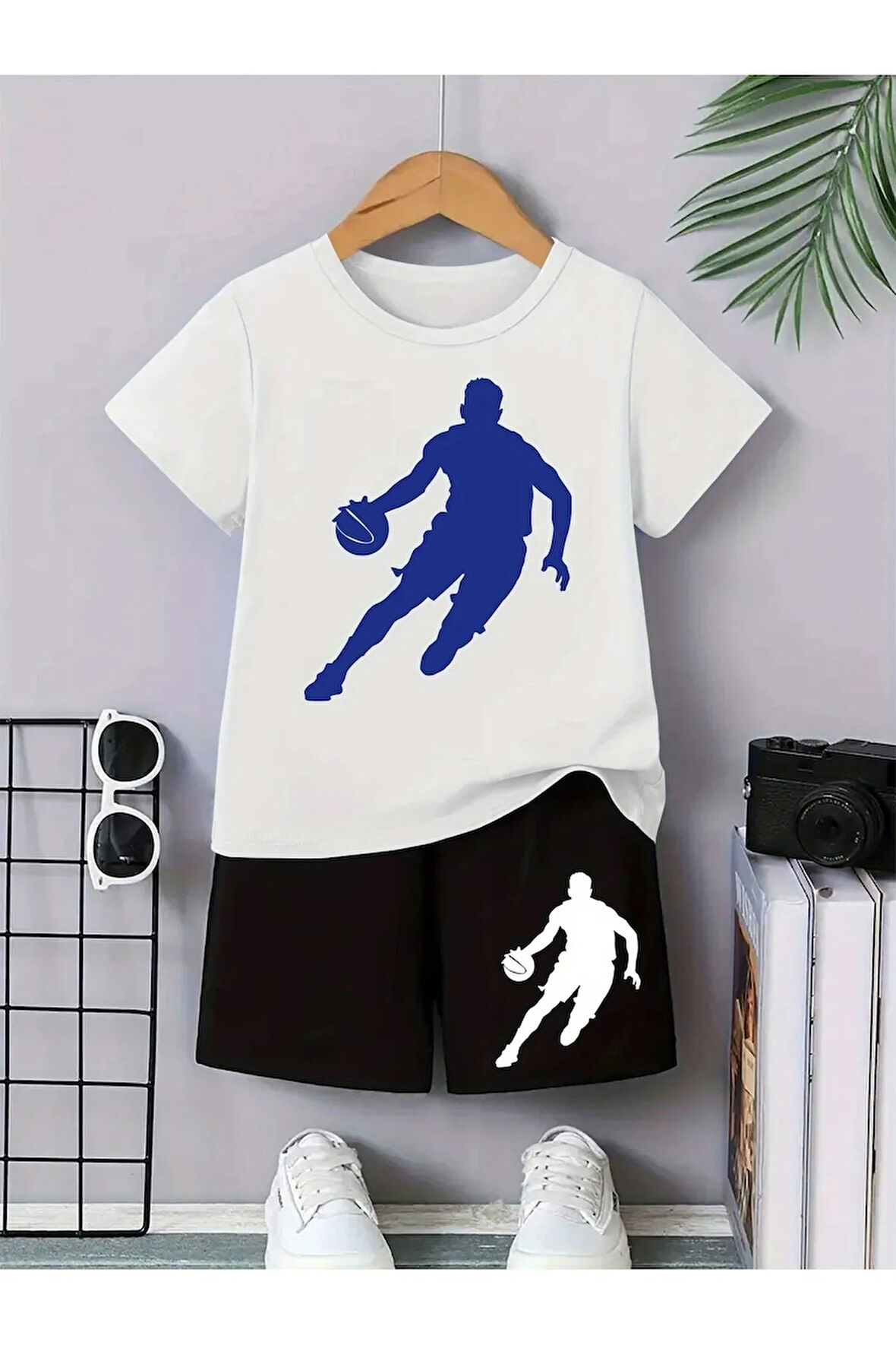 Kız\Erkek Çocuk Beyaz-Siyah Basketbolcu Baskılı Penye Şort-Tshirt Takım