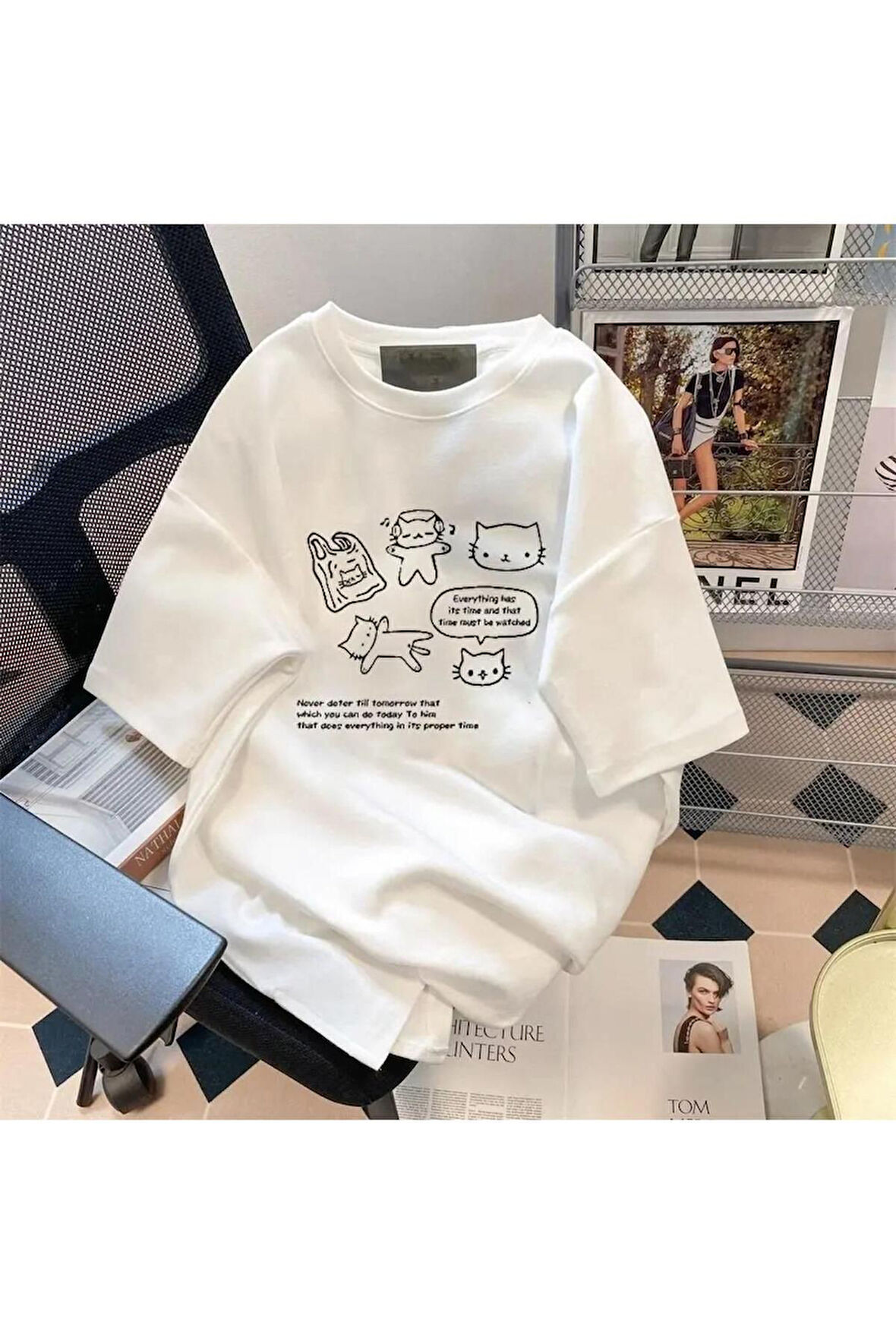 Y2k  Retro Karikatür Kedi Baskılı Beyaz Unisex Oversize T-shirt