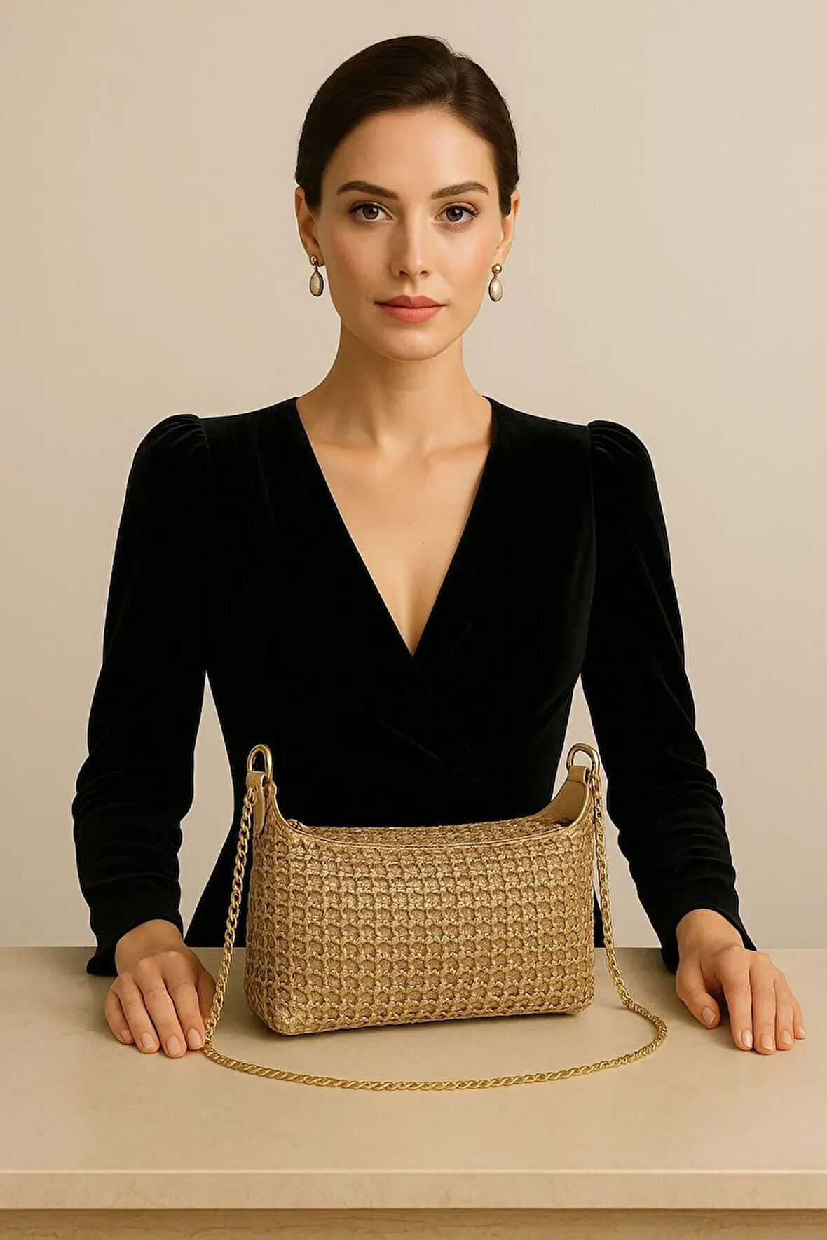 Lüks Aurora Luxe – Altın Işıltılı Örgü Çanta