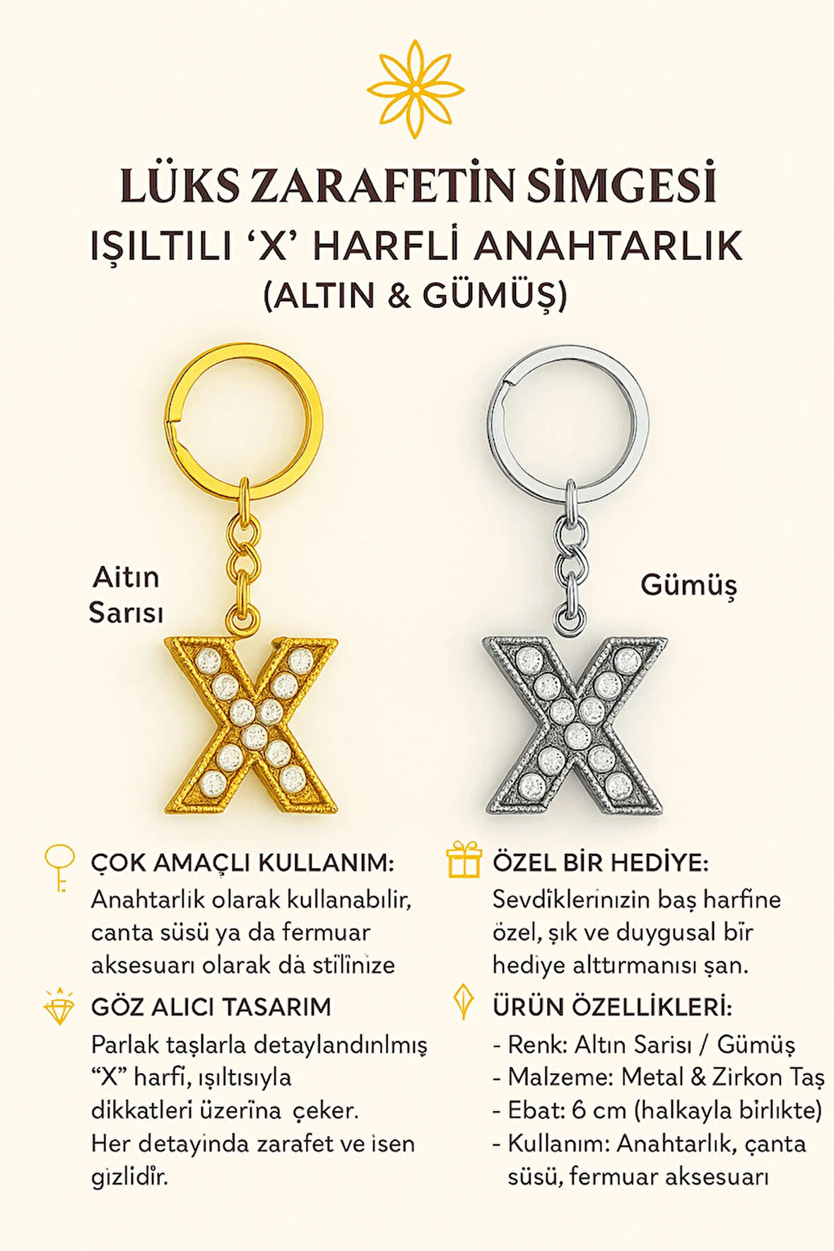 Işıltılı ‘X’ Harfli Anahtarlık – Lüks ve Anlamlı Bir Dokunuş
