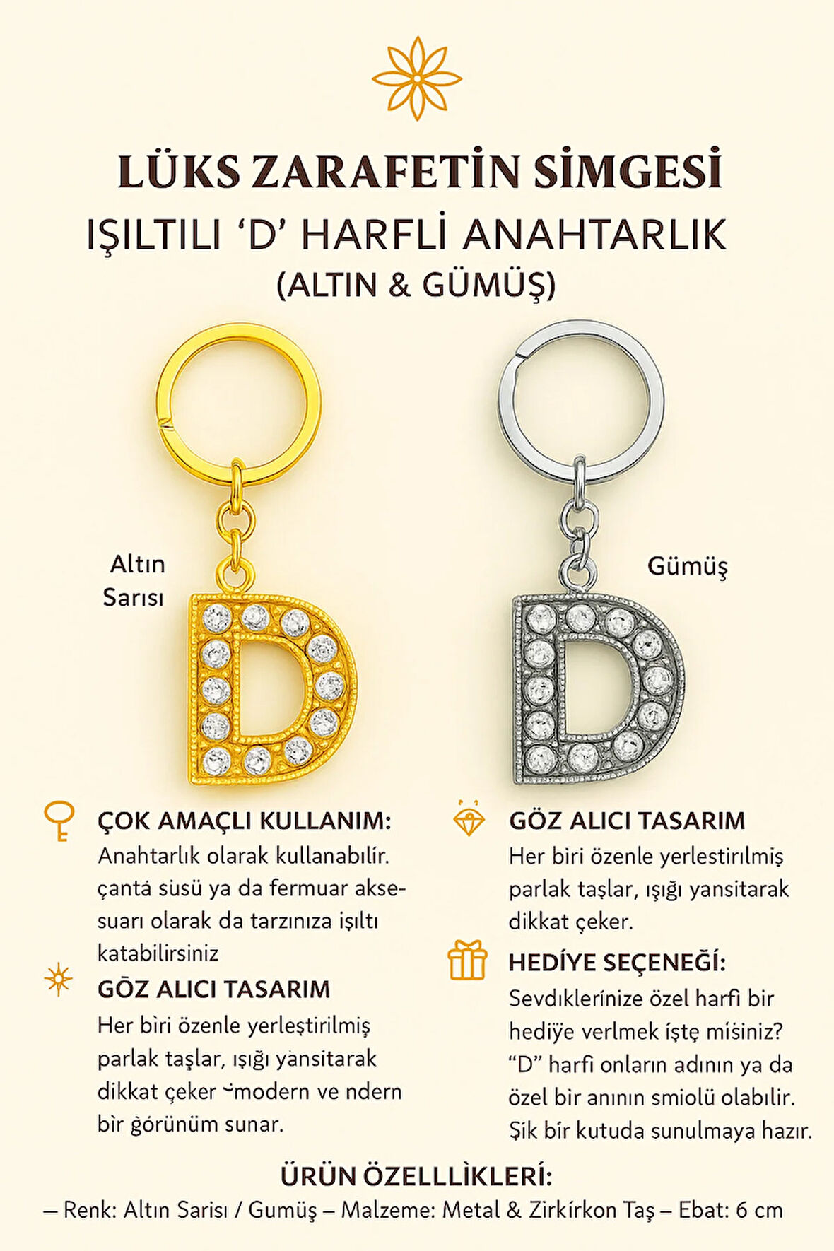 Işıltılı ‘D’ Harfli Anahtarlık – Lüks ve Anlamlı Bir Dokunuş