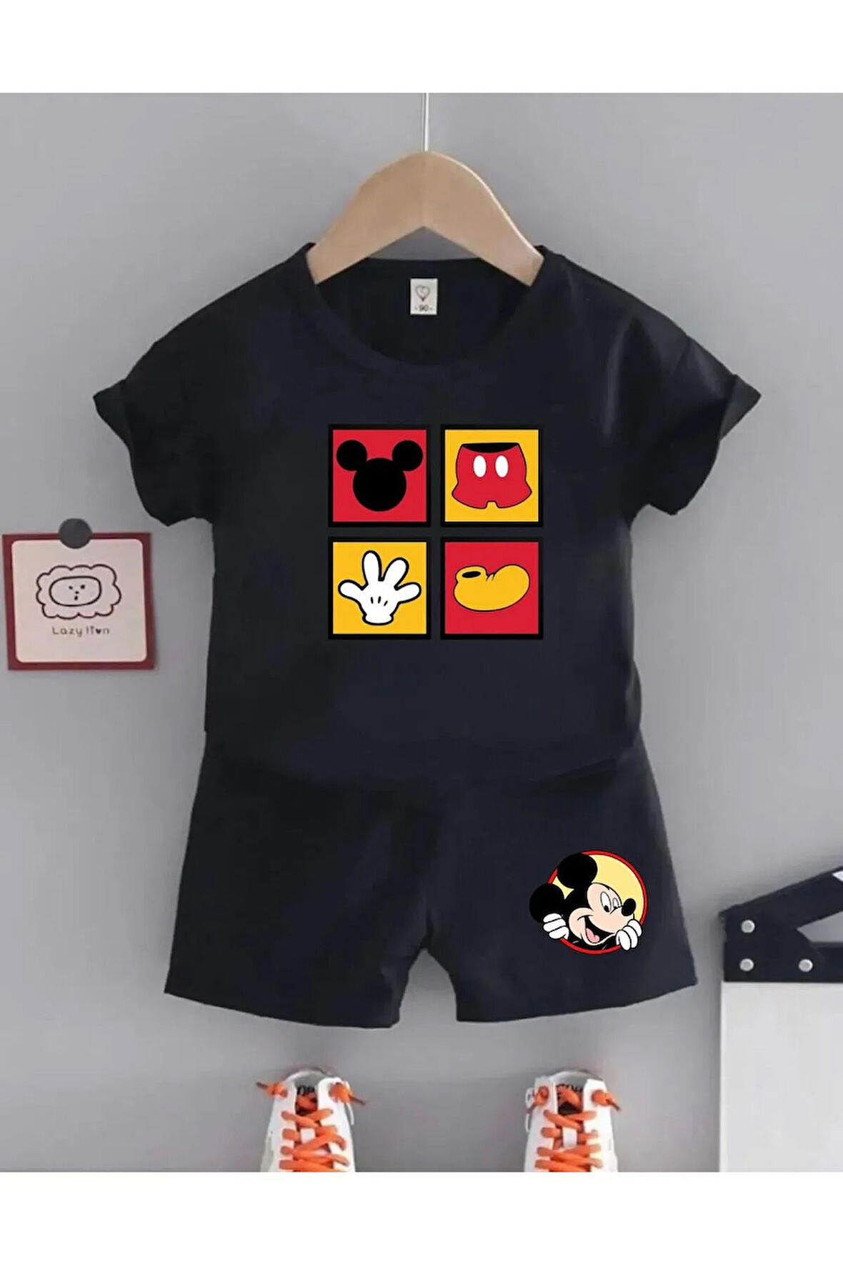 Çocuk Tasarım Mickey Mouse Karakter Baskılı T-Shirt Şort Alt Üst Takım %100 Pamuk