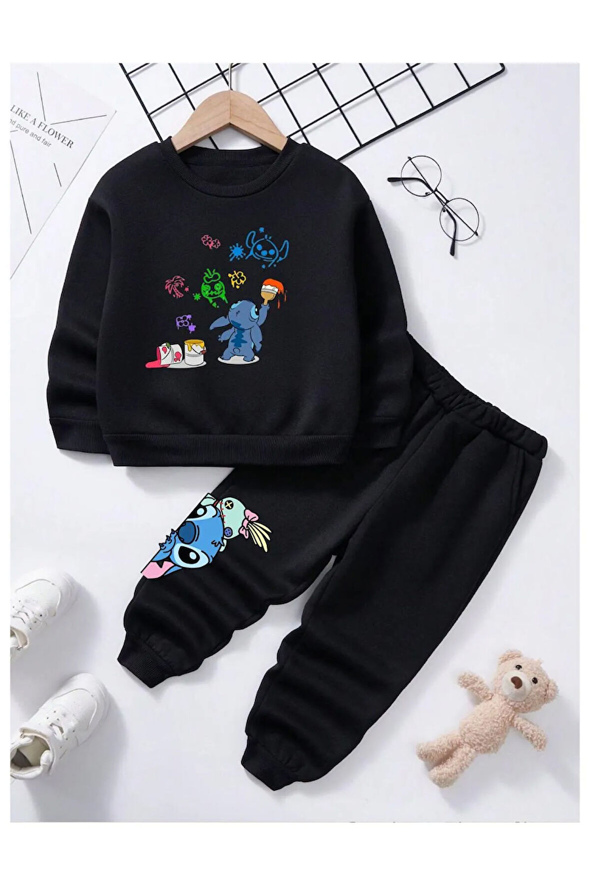 Çocuk Tasarım Boyacı Stitch Baskılı Kapüşonlu Alt-Üst Takım Pamuklu