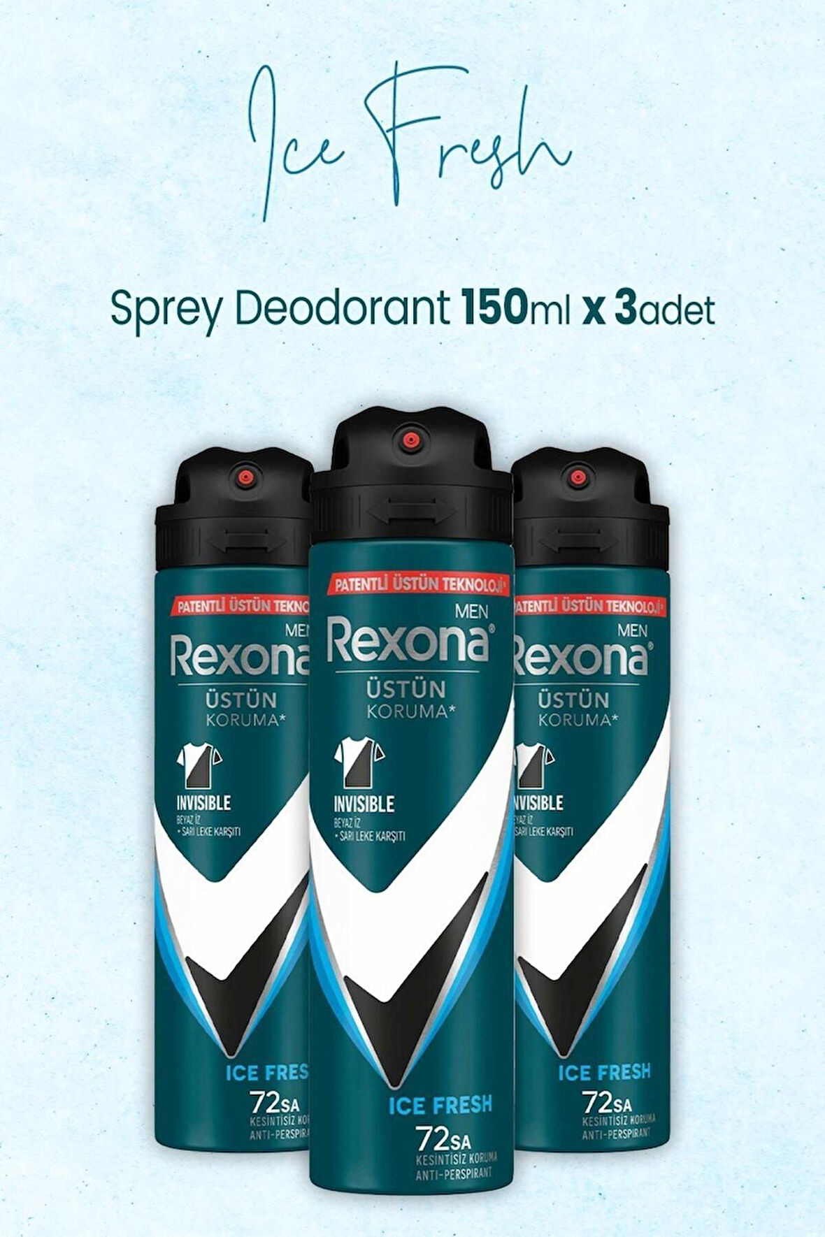 Men Invisible Ice Fresh Erkek Sprey Deodorant 3 X 150 ml