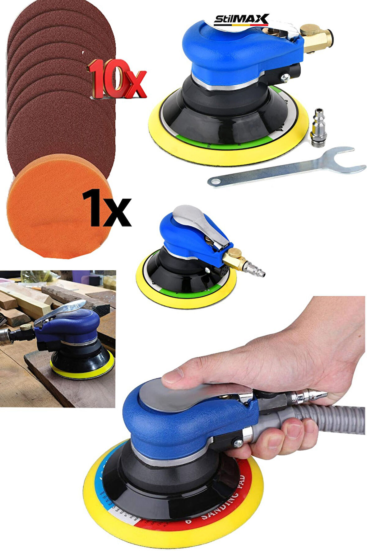 Oto Kavisli Havalı Orbital Ağaç Metal Yüzey Polisaj Makinesi – 150MM, x10 Zımpara 1x Ped