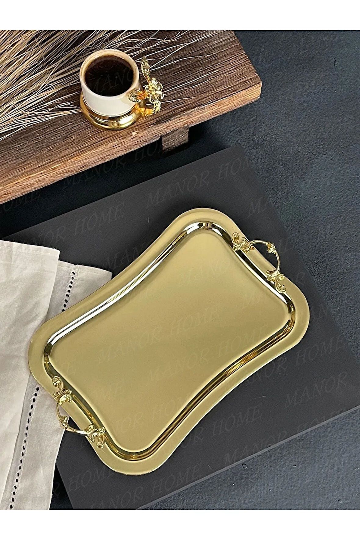 15*25cm Kulplu Gold Ince Italyan Sunum Tepsisi-tok Ağır Gold Kaplama Sunum Tepsisi