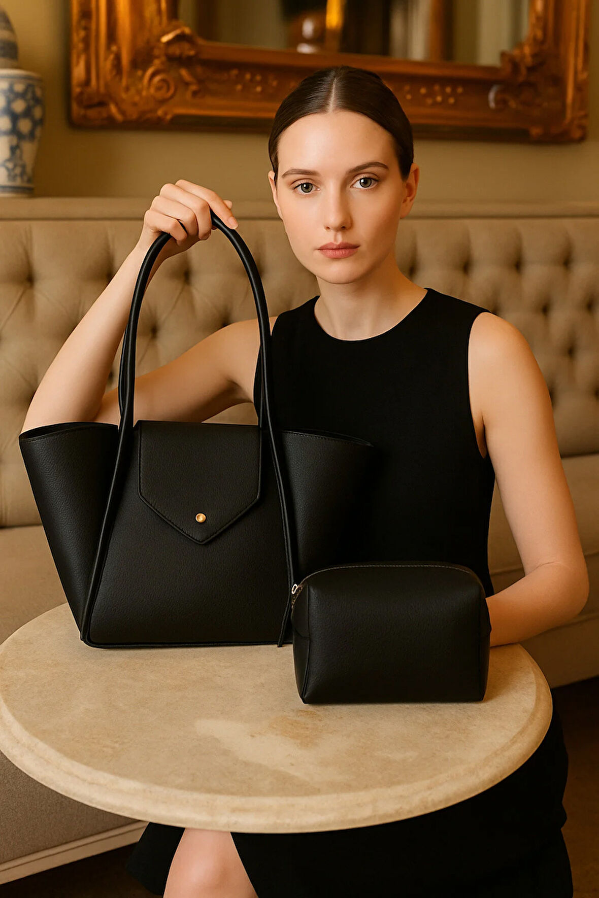 Lüks Kapak Detaylı Makyaj Çanta Hediyeli Omuz Çantası