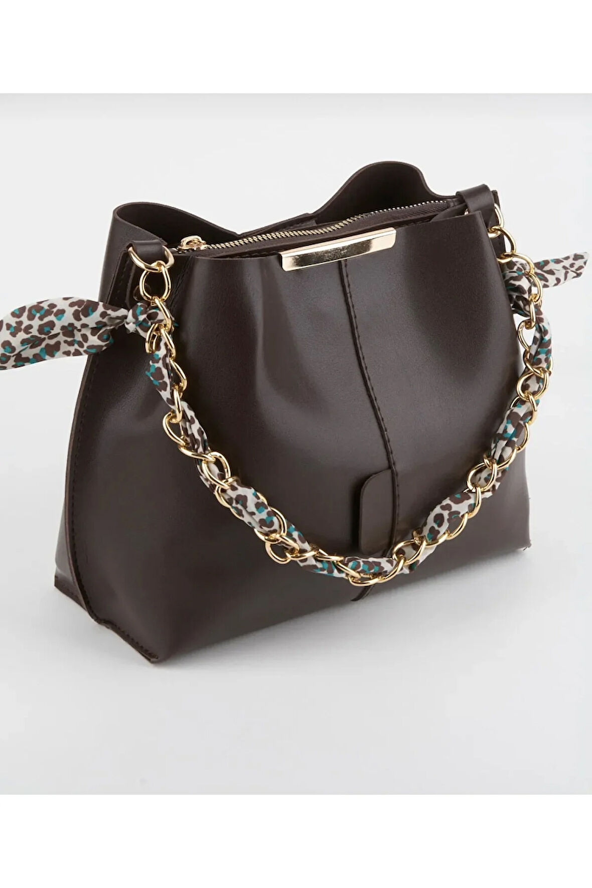 Fularlı 3 gözlü Kahve çapraz ve omuz çantası