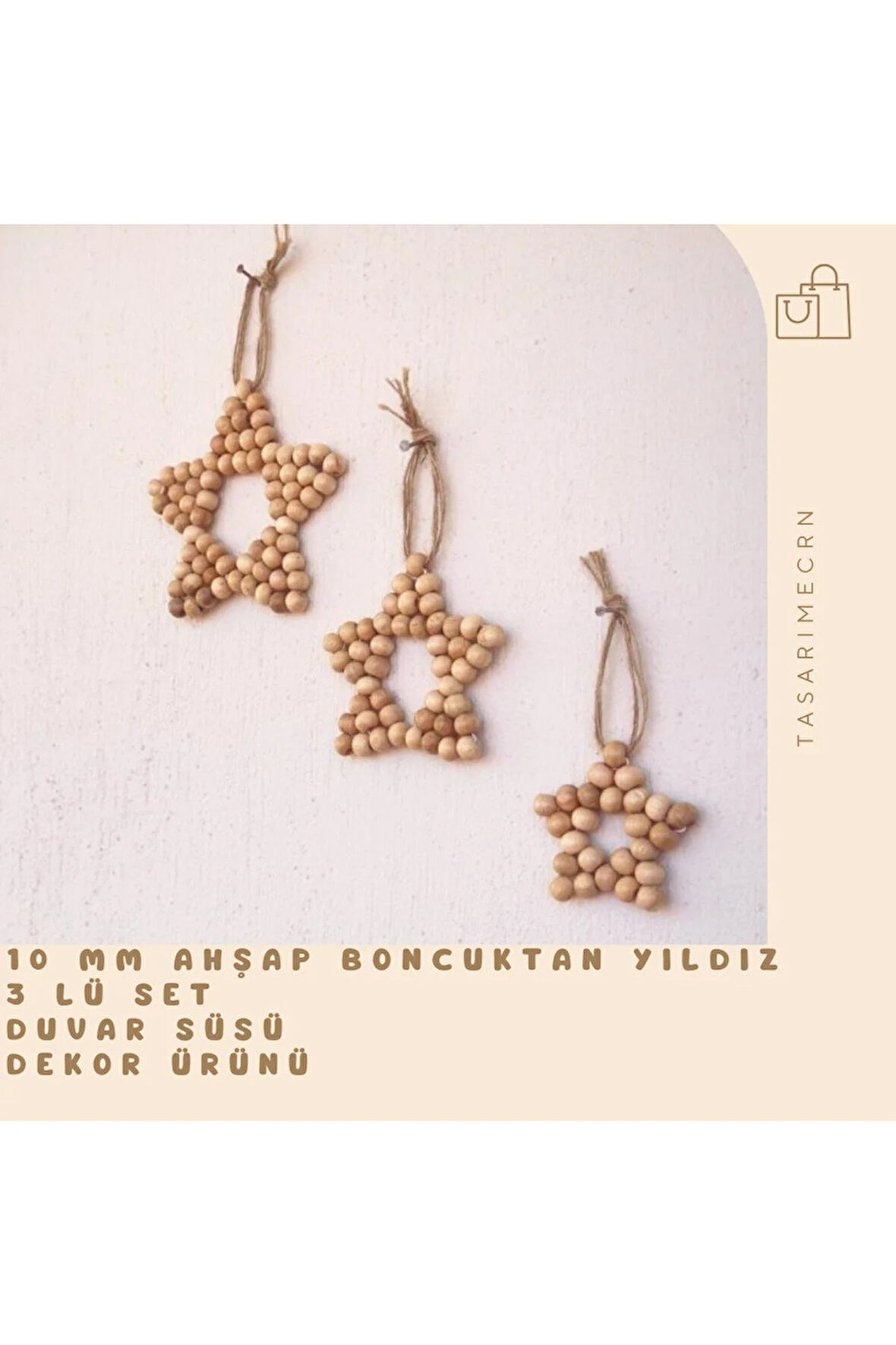 Dekoratif Ahşap Boncuklu 3 Lü Set Yıldız Balkon Mutfak Salon Bebek Odası Duvar Süsü Kahve Köşesi