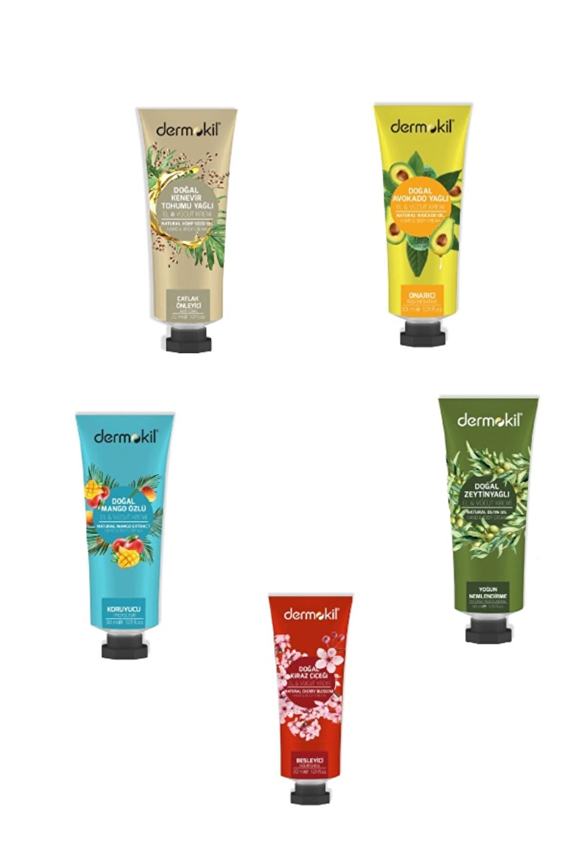 5'li set Kenevir Tohumu+Mango+Kiraz+Avakado+Zeytinyağlı Yağlı El ve Vücut Kremi 30 ml