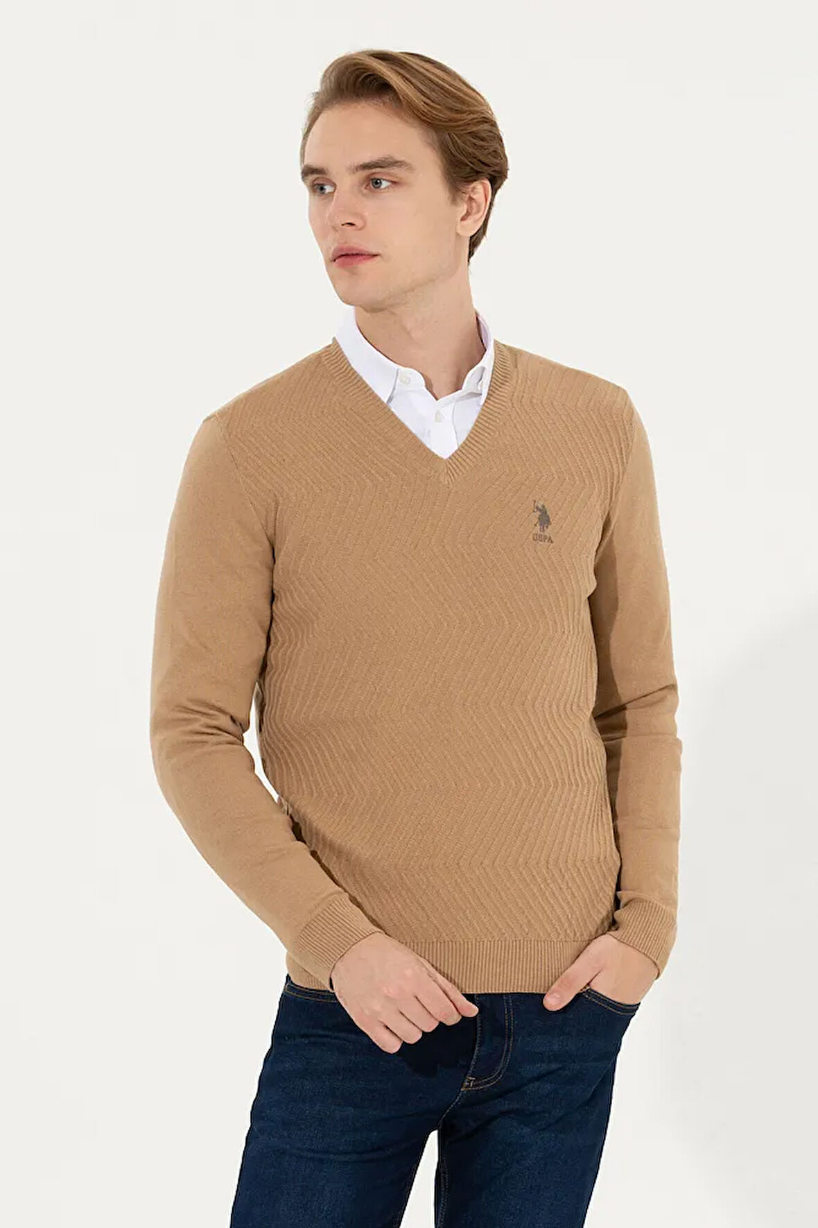 Erkek Camel Melanj V Yaka Triko Kazak 50258314-vr122
