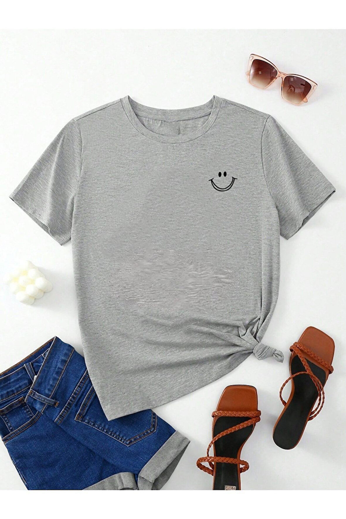 Büyük Beden Özel Üretim Smile Baskılı %100 Pamuk Oversize Yeni Trend Kadın T-shırt