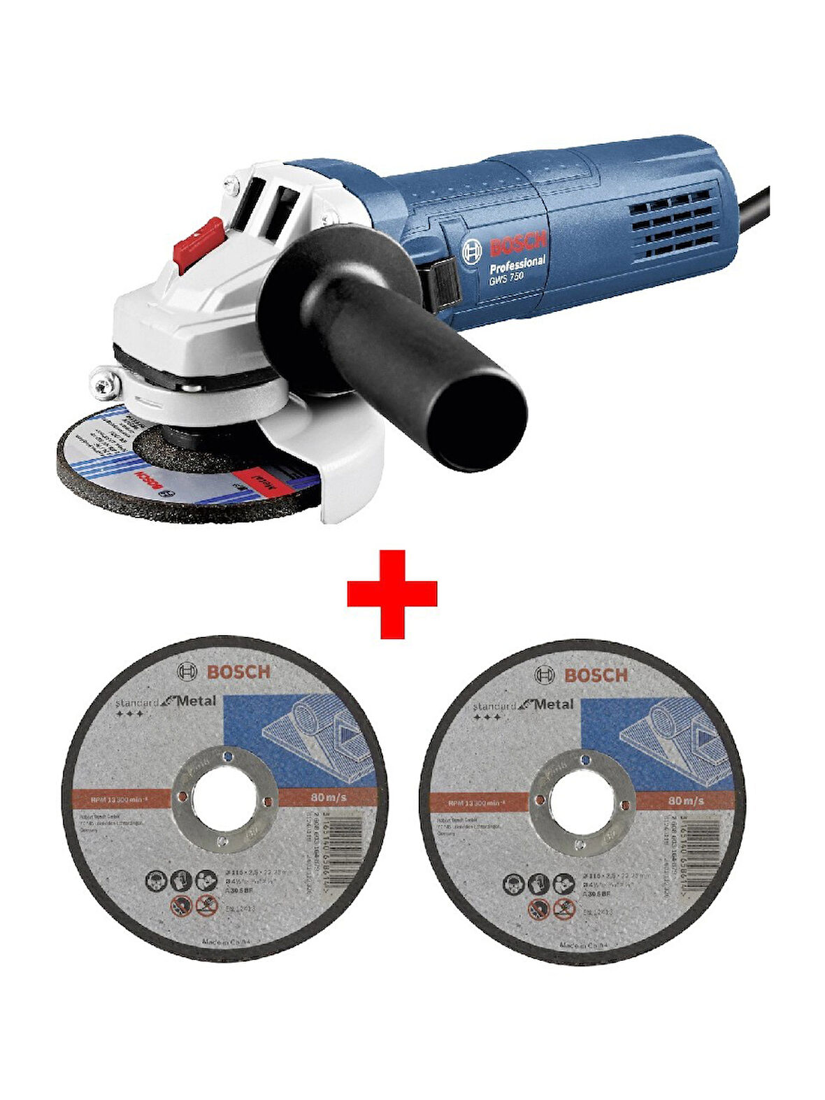 Bosch Avuç Taşlama Makinesi Gws 750 115MM Spiral + 2 Adet 115MM x 2.5mm Düz Metal Kesme Diski