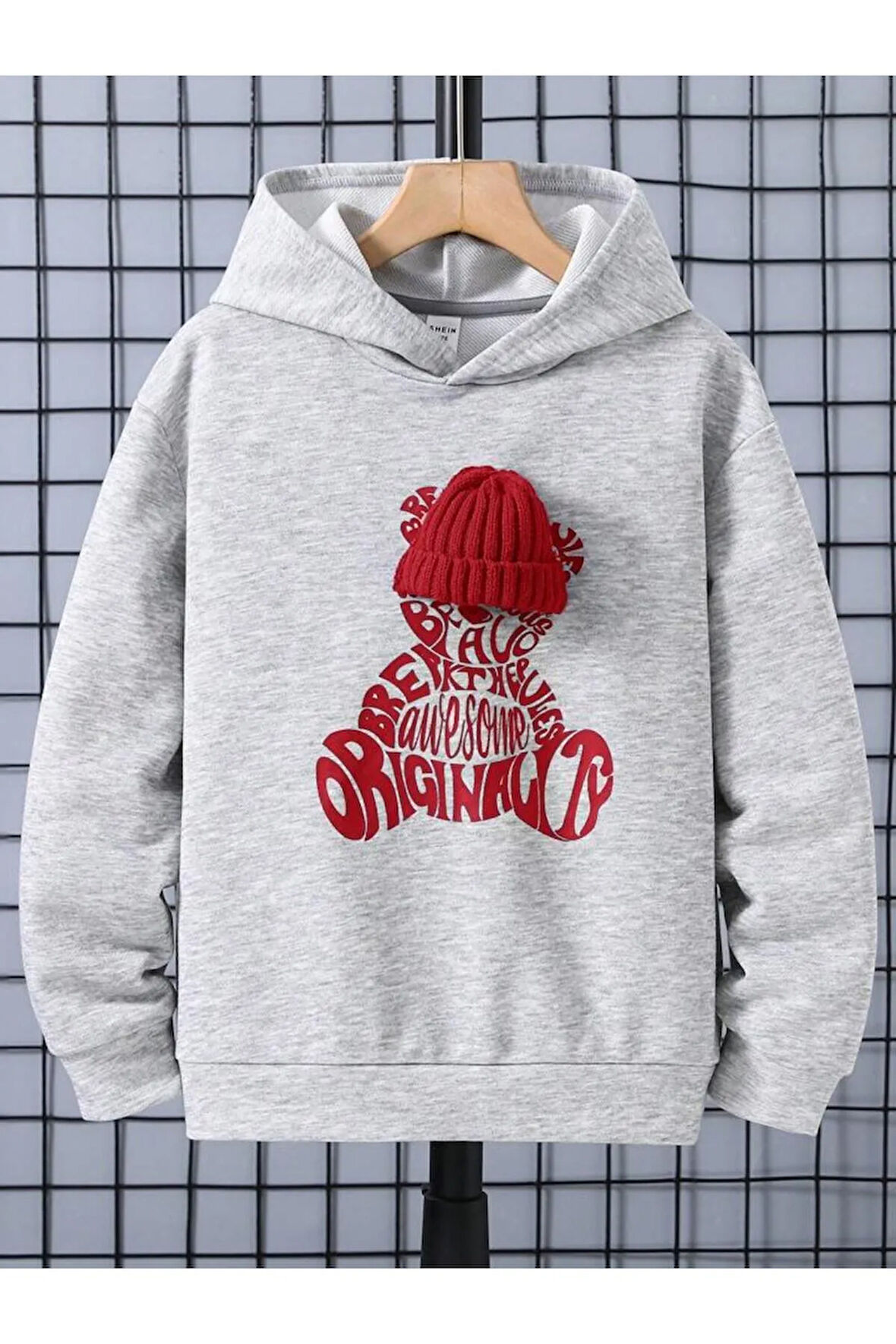 Kız\Erkek Çocuk Gri Kırmızı Bereli Baskılı Kapşonlu Sweatshirt