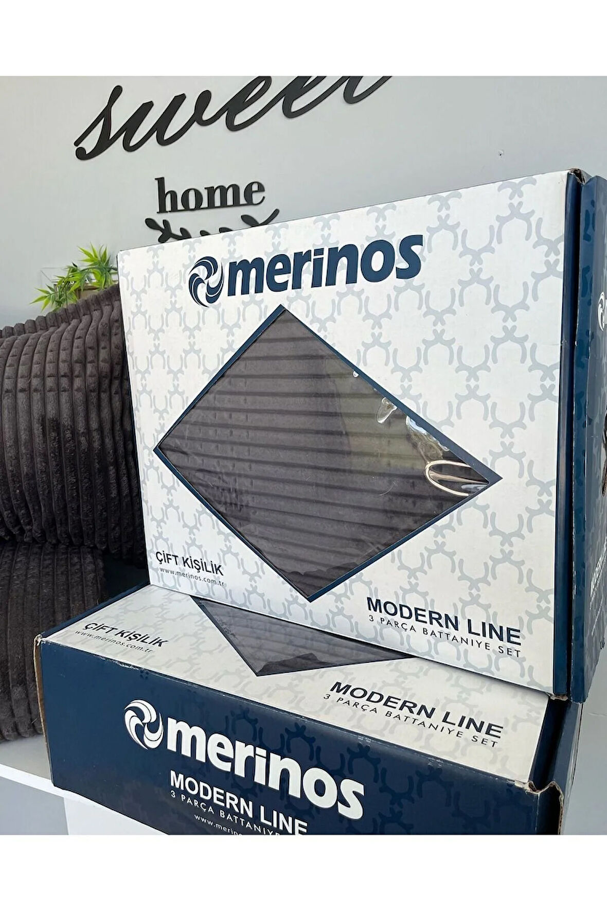 Merinos Modern Lıne 3 Parça Yatak Örtüsü Battaniye Seti Çift Kişilik Modernlıneantrasit02