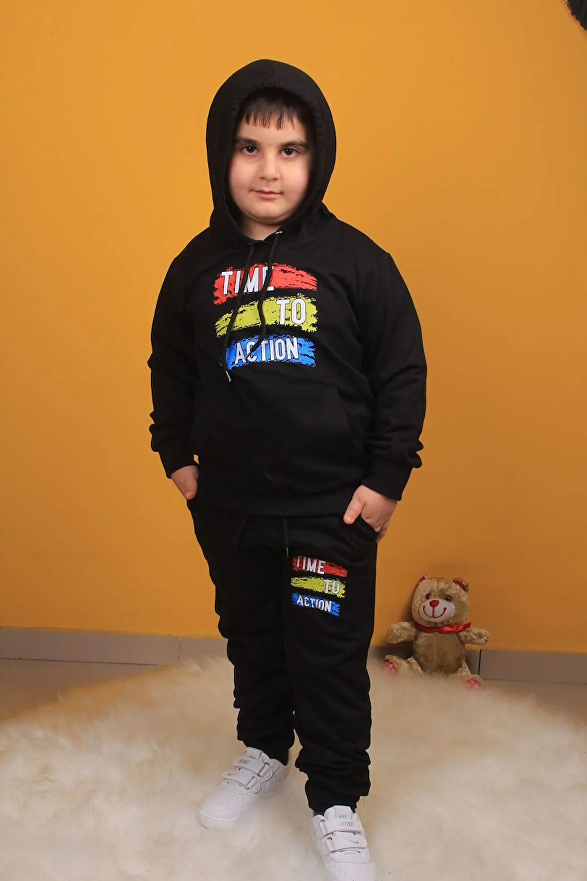 Gri Kapşonlu Çocuk  Baskılı Eşofman Takımı Unisex