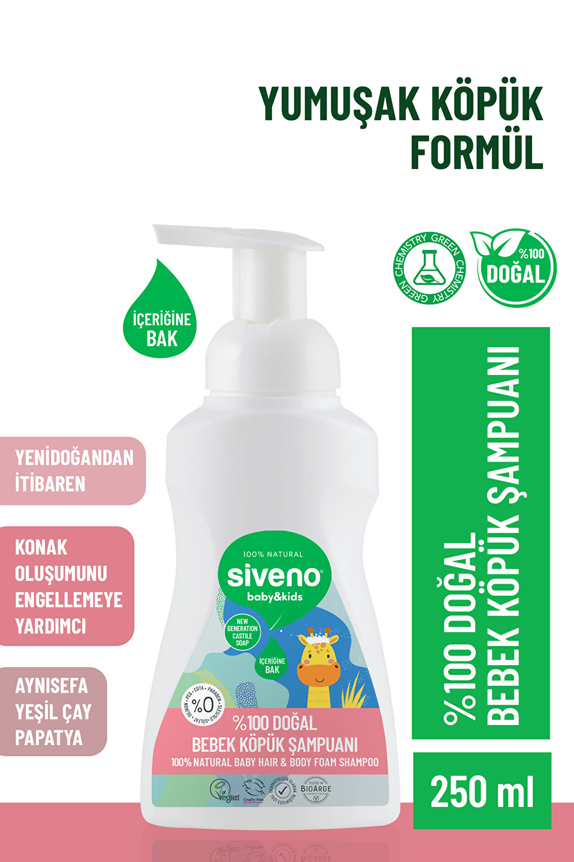 Siveno %100 Doğal Bebek Köpük Şampuanı Yenidoğan Saç ve Vücut İçin Nemlendirici Bitkisel Vegan 250 ml